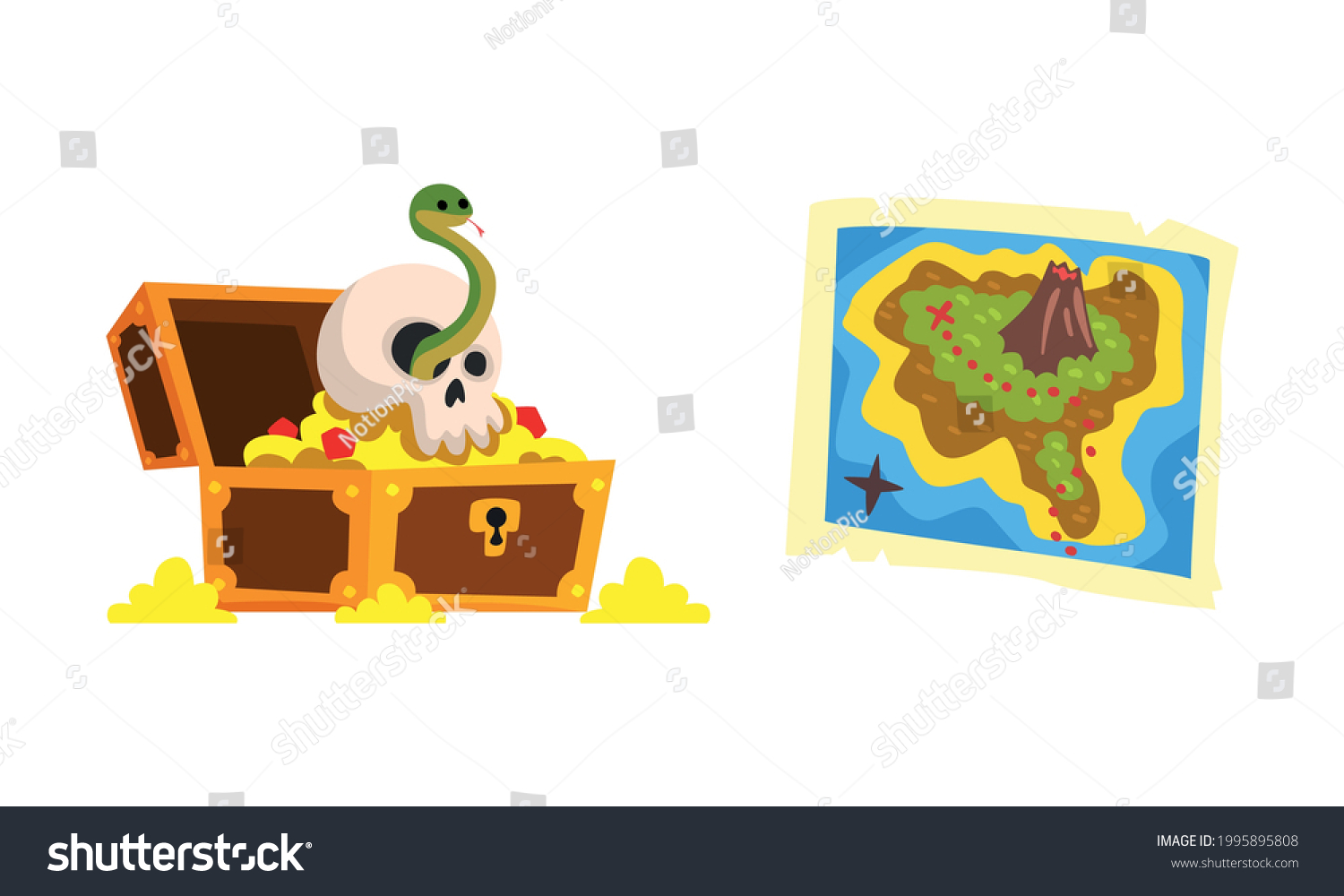 Treasure Chest Map Set Pirate Symbols Stock Vector Royalty Free 1995895808 Shutterstock