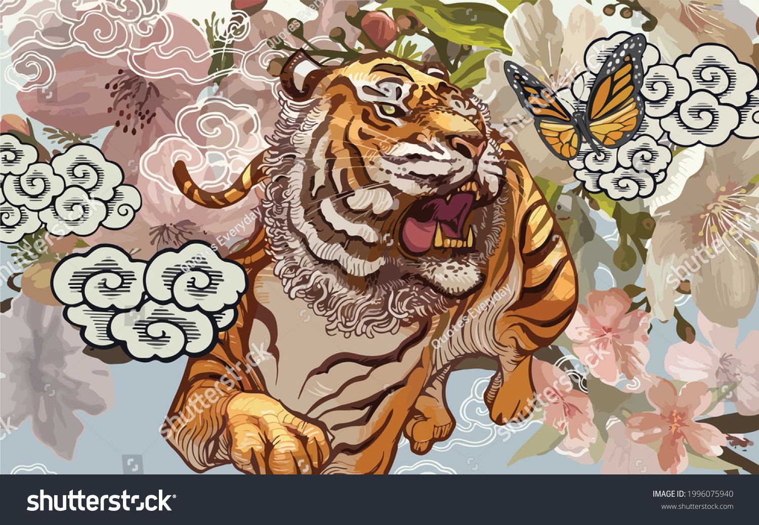 Tiger Butterfly Amid Cherry Blossom Illustration Stock Vector (Royalty ...