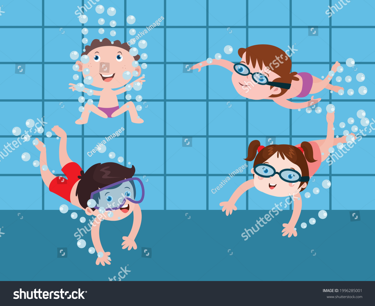 Group Happy Children Swimming Diving Together Stock Vector (royalty 