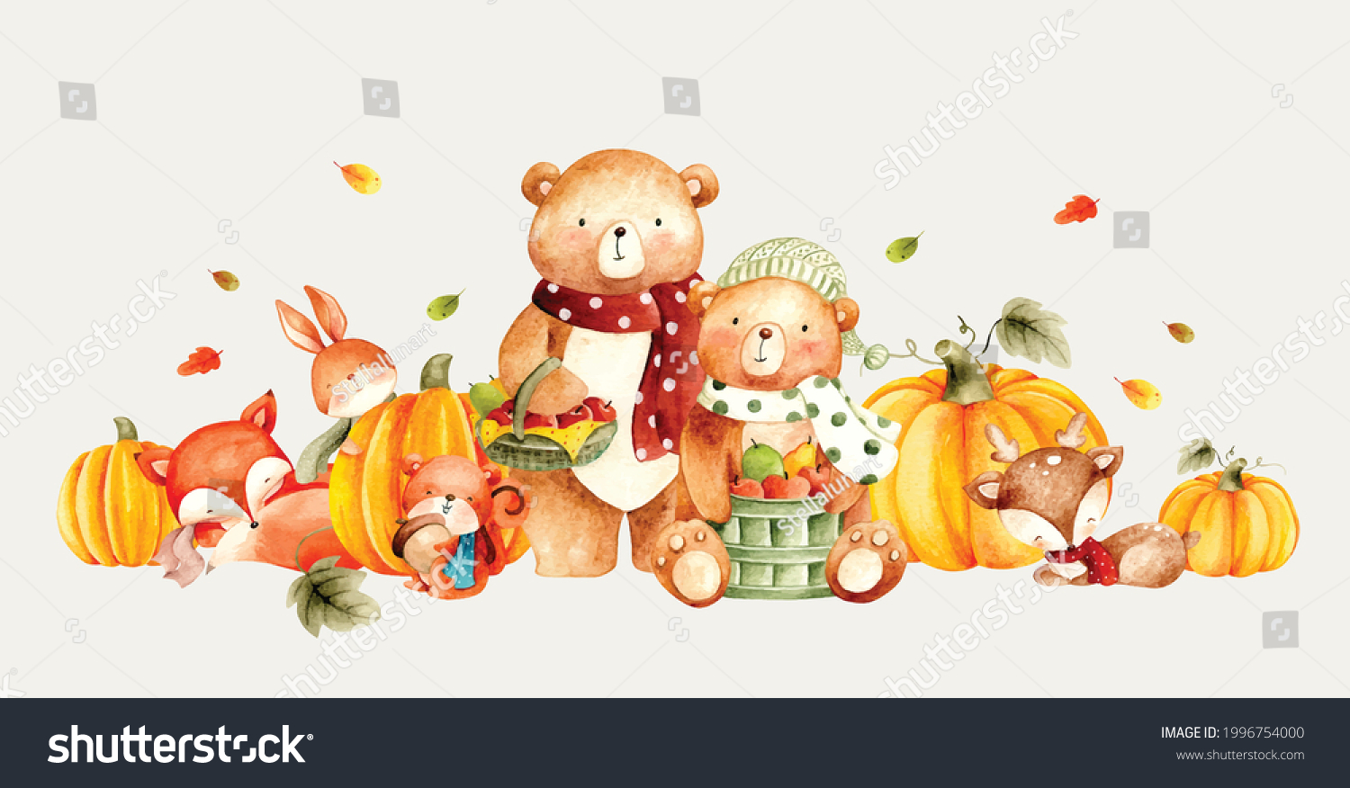 Watercolor Autumn Animals Pumpkin Leaves Stock Vector (Royalty Free ...