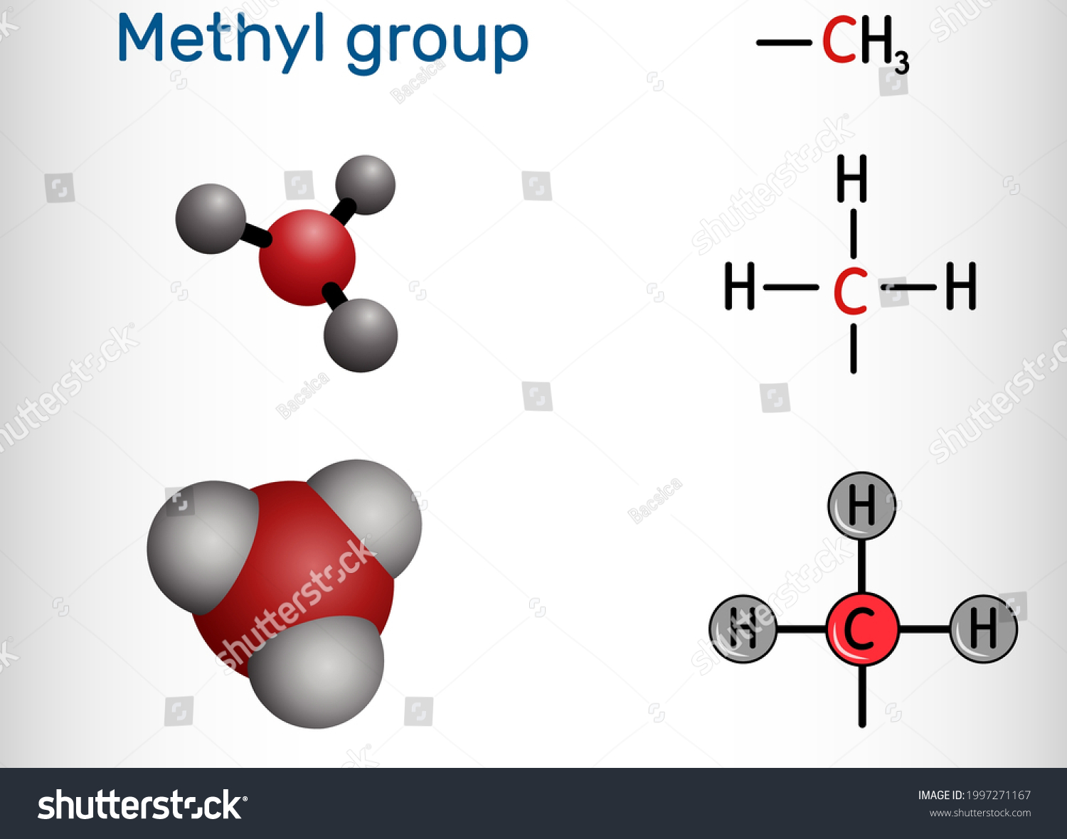 「メチル基 Me 、ch3。有機化合物の構造単位であるアルキル官能基である。構造化学式と分子モデル。ベクターイラスト」のベクター画像素材（ロイヤリティフリー） 1997271167