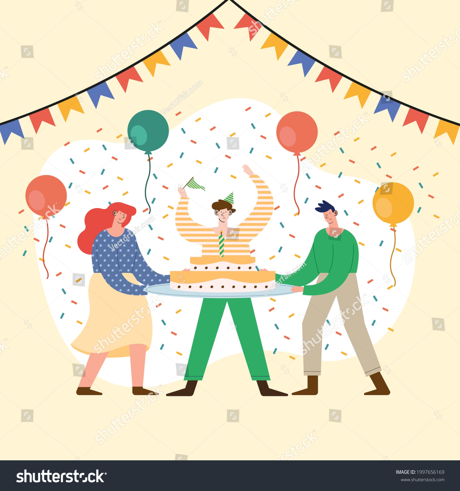 Three Persons Celebrating Birhtday Party Characters Stock Vector ...