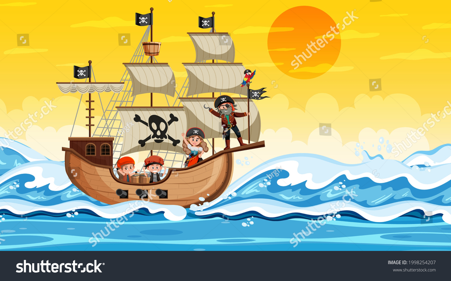 Ocean Pirate Ship Sunset Scene Cartoon Stock Vector (Royalty Free ...