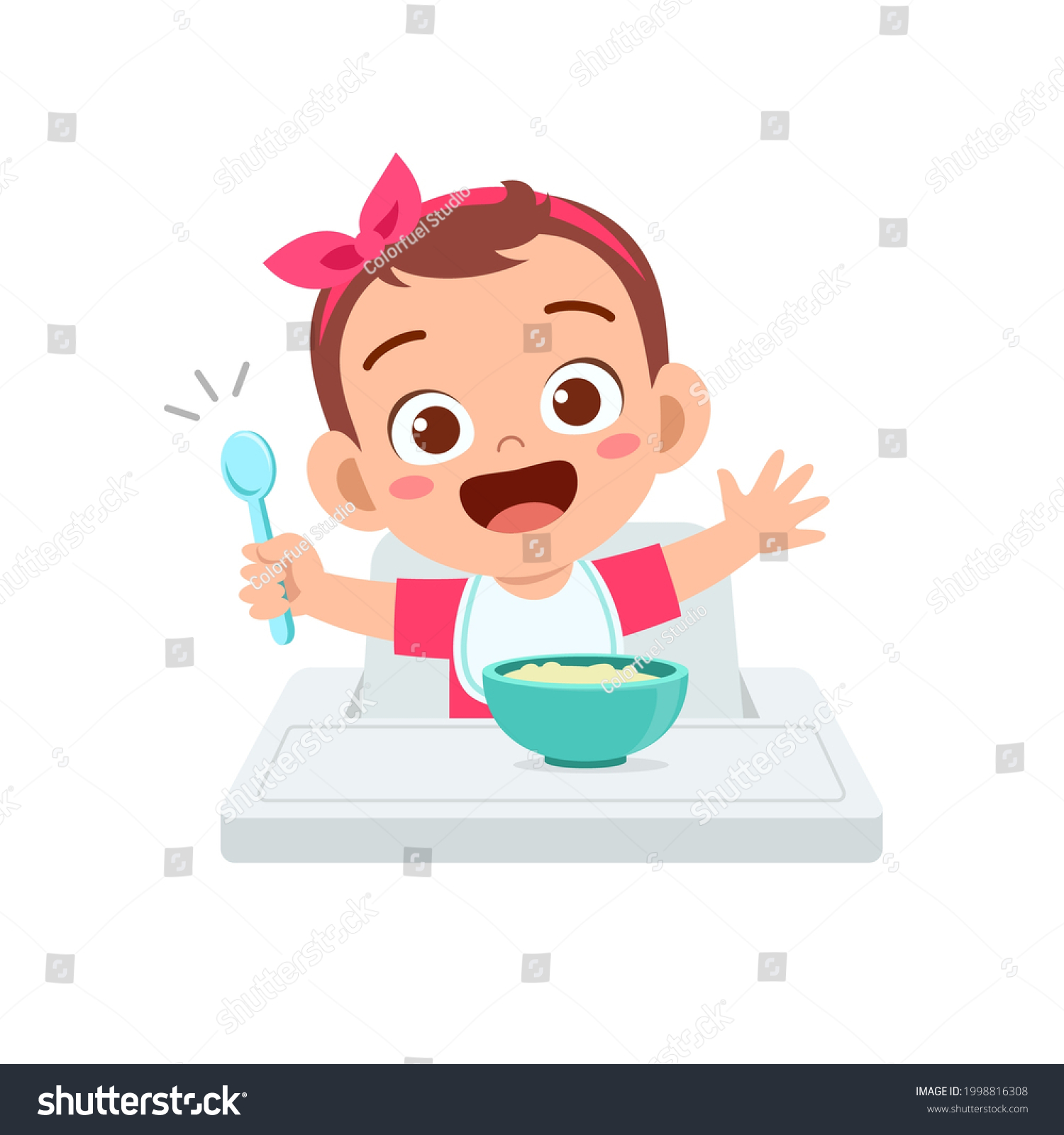 Cute Little Baby Girl Eat Porridge Stock Vector (Royalty Free ...