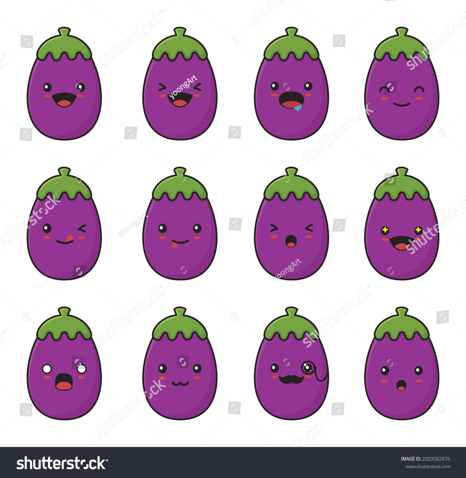 Eggplant Cartoon Different Facial Expressions Isolated Stock Vector