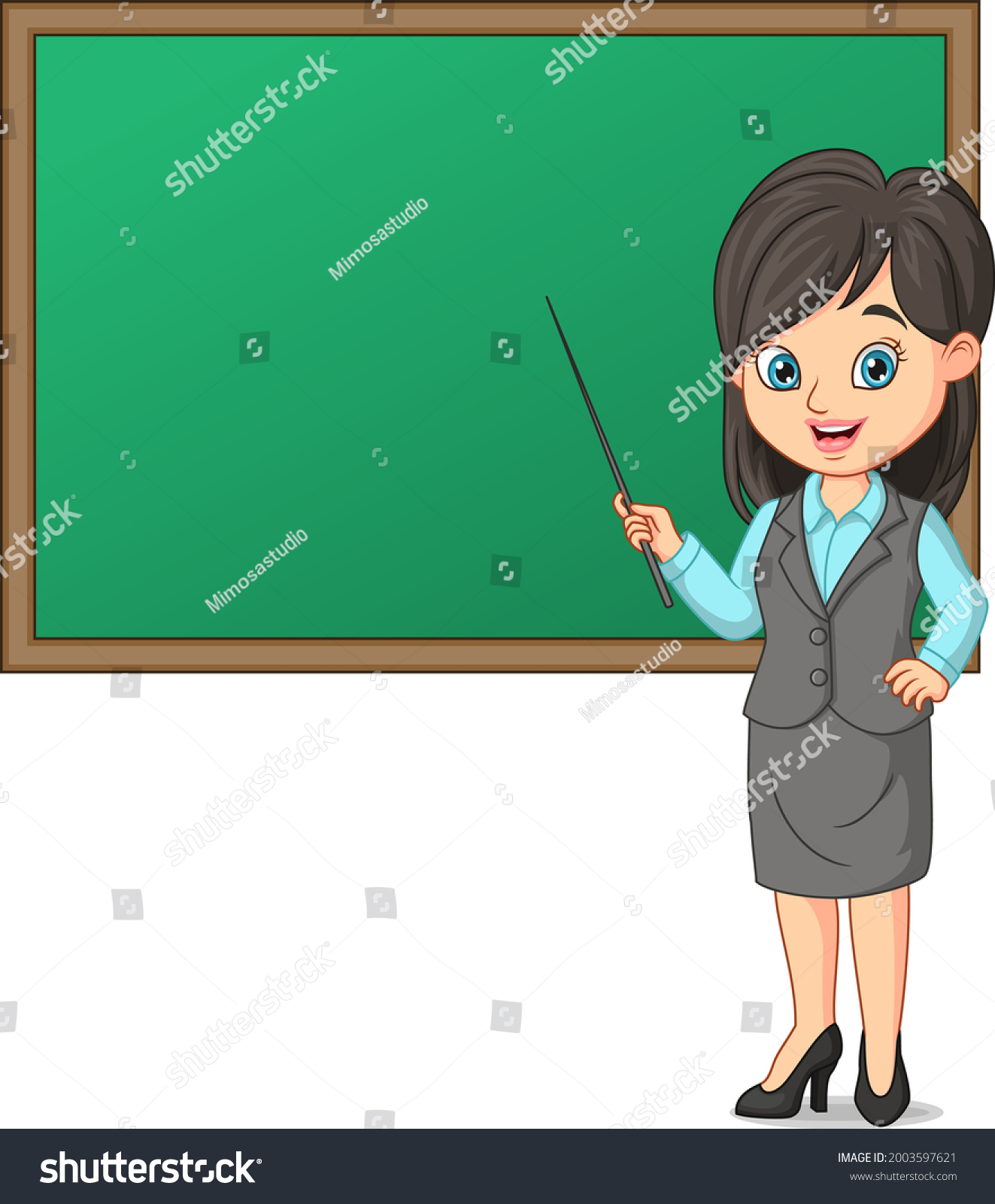 Young Female Teacher Blackboard Pointing Stick Stock Vector (Royalty ...