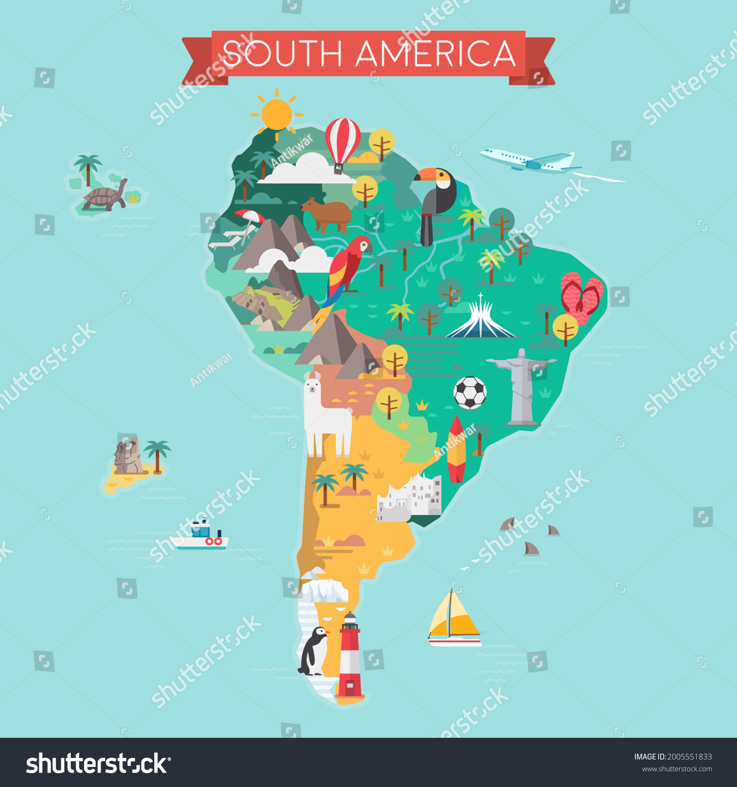 South America Tourist Map Flat Style Stock Illustration 2005551833 ...