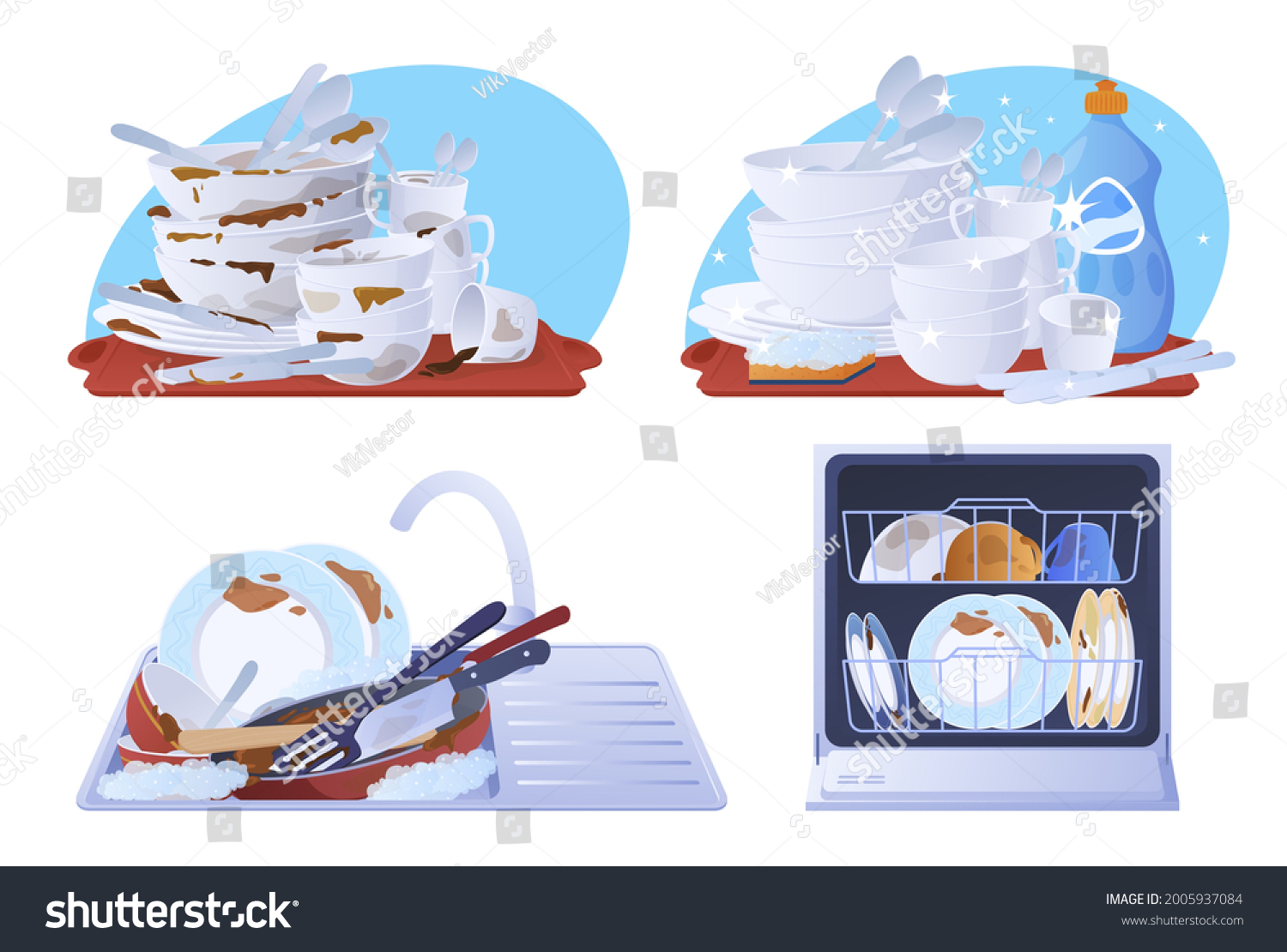 Collection Dirty Clean Dishes Vector Flat Stock Vector (Royalty Free ...