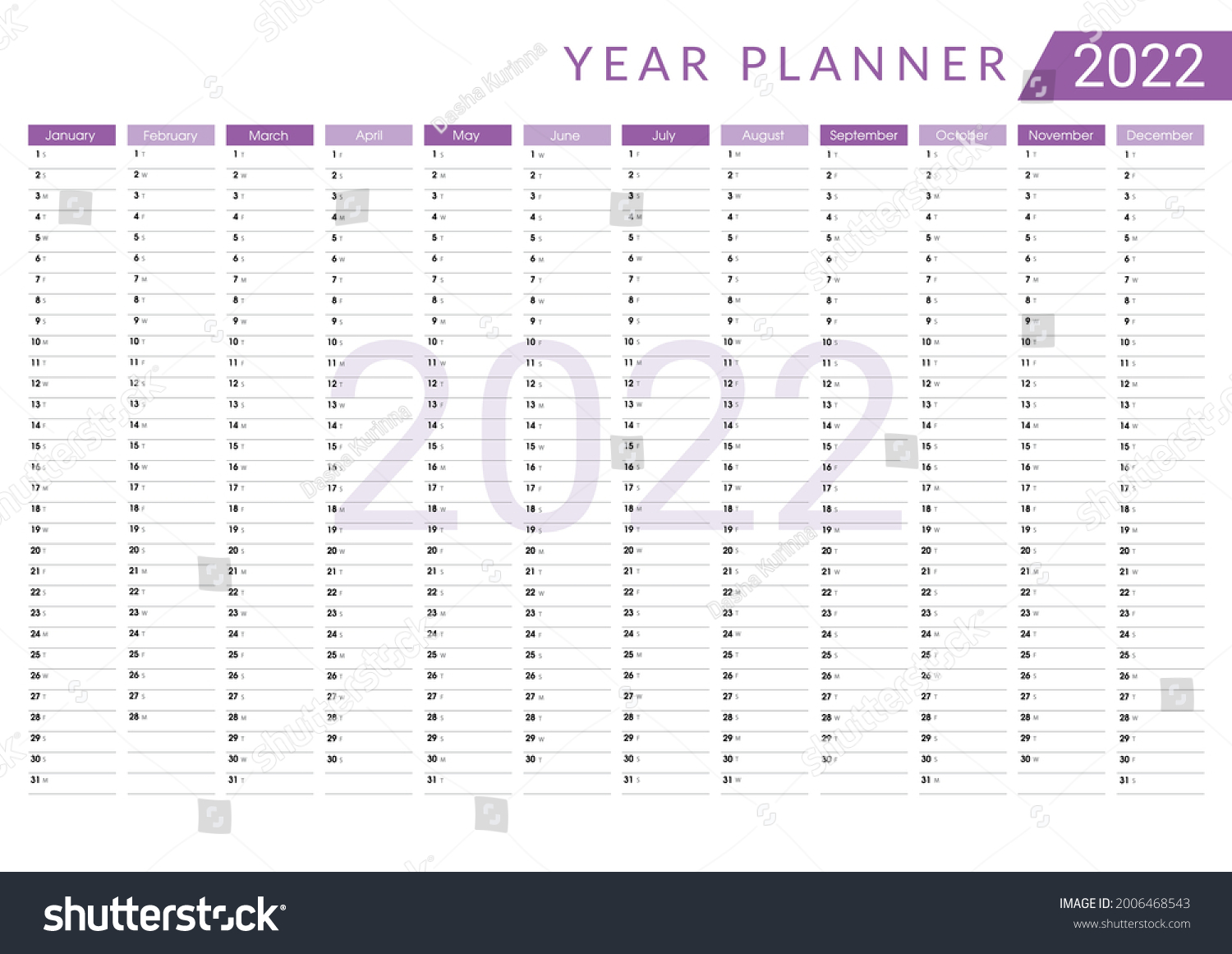 2022 Wall Calendar Printable Horizontal Year Stock Vector (Royalty Free ...