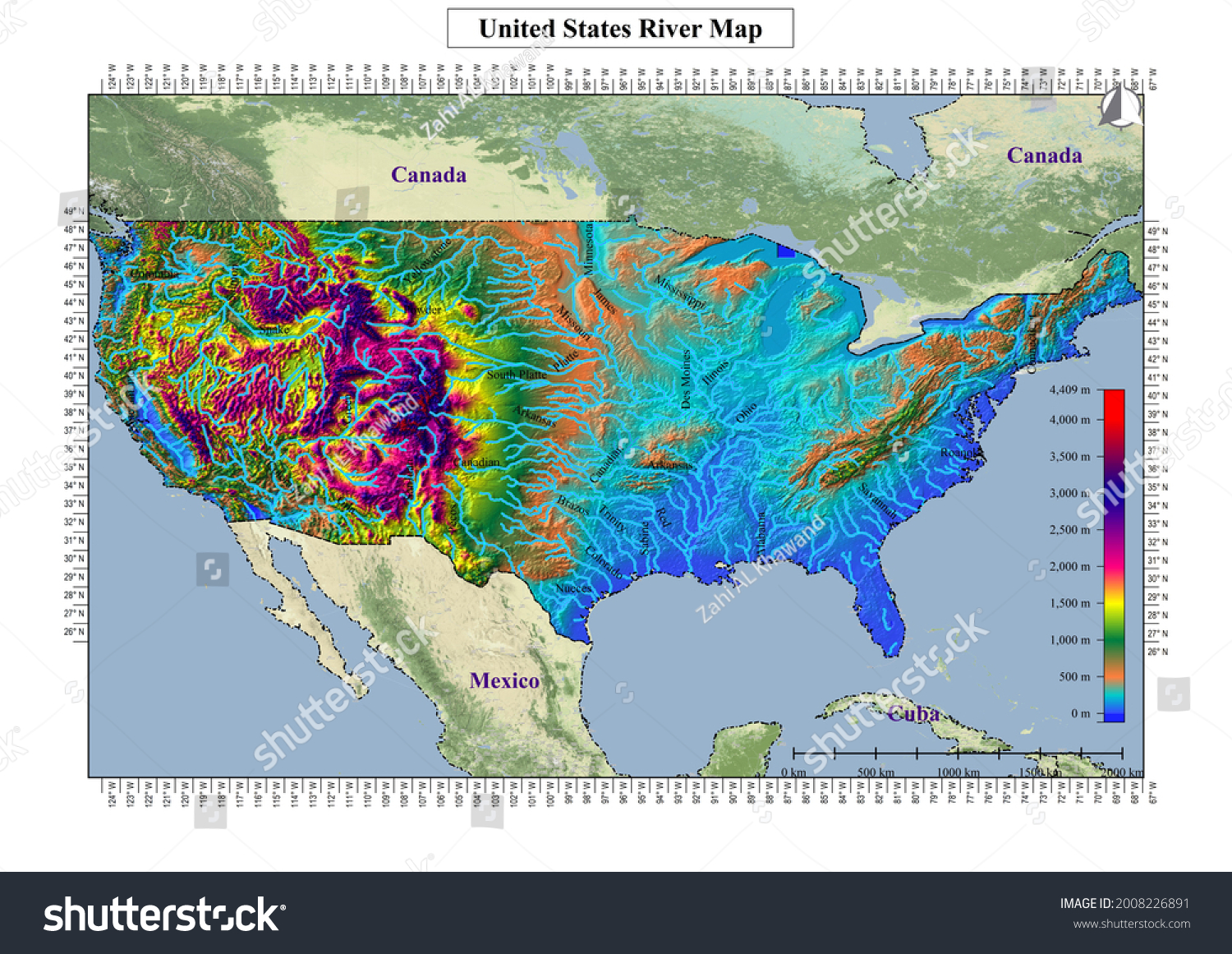 Major Rivers United States Map Topography Stock Illustration 2008226891   Stock Photo The Major Rivers Of The United States Map And Topography 2008226891 