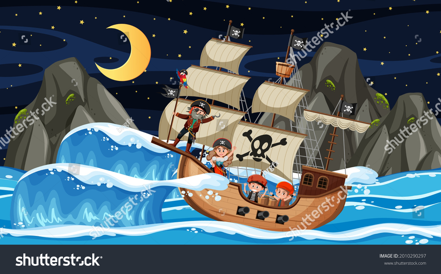 Ocean Pirate Ship Night Scene Cartoon Stock Vector (Royalty Free ...