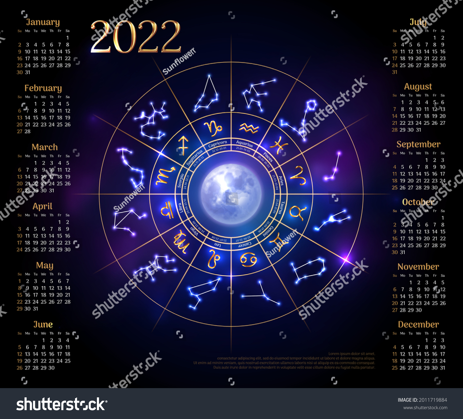 Wall Calendar Layout 2022 Year Zodiac Stock Vector (Royalty Free