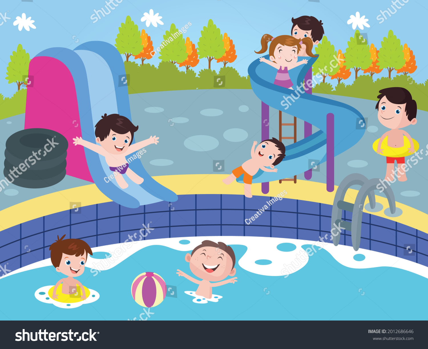 Children Having Fun Waterpark 2d Cartoon Stock Vector (Royalty Free ...