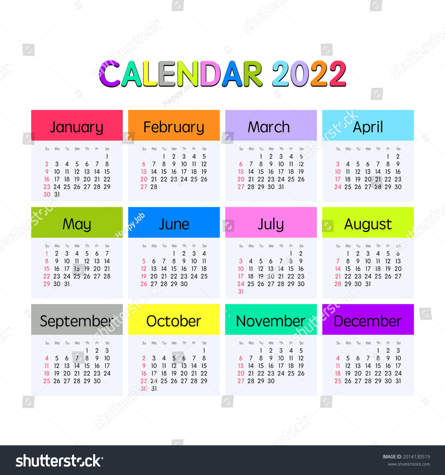 2022 Year Calendar Week Starts On Stock Vector (Royalty Free ...