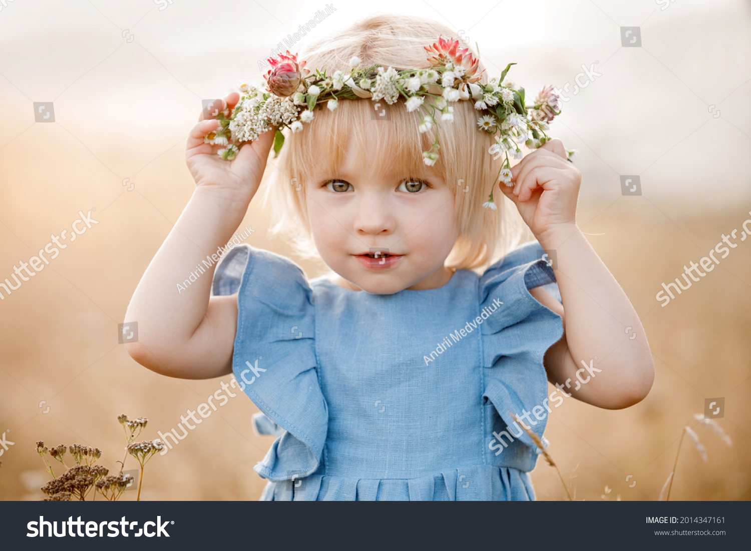 Little Girl Wearing Flower Wreath On Stock Photo 2014347161 