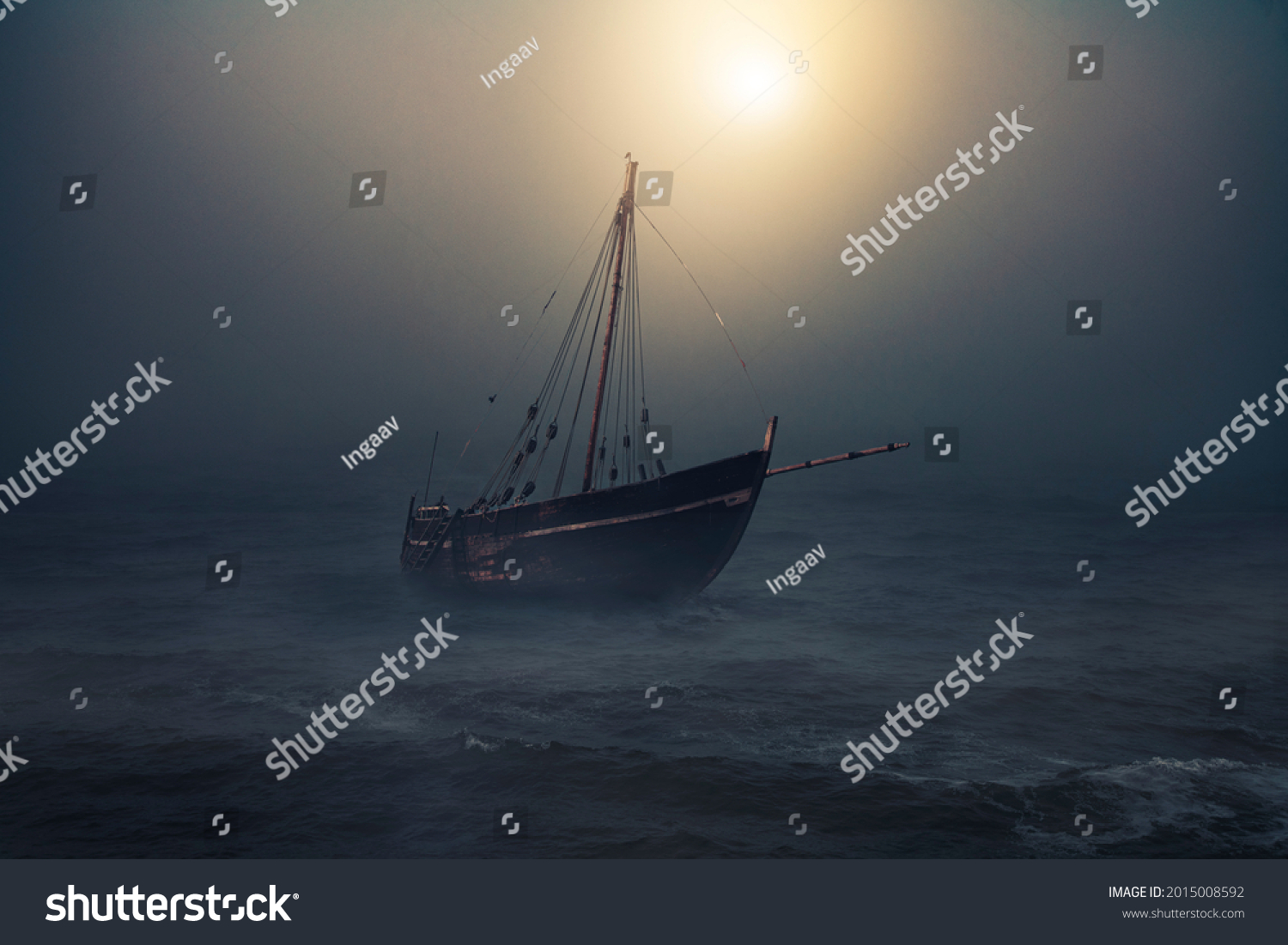 Sailboat Sea Floats Moonlight Thick Fog Stock Photo 2015008592 ...