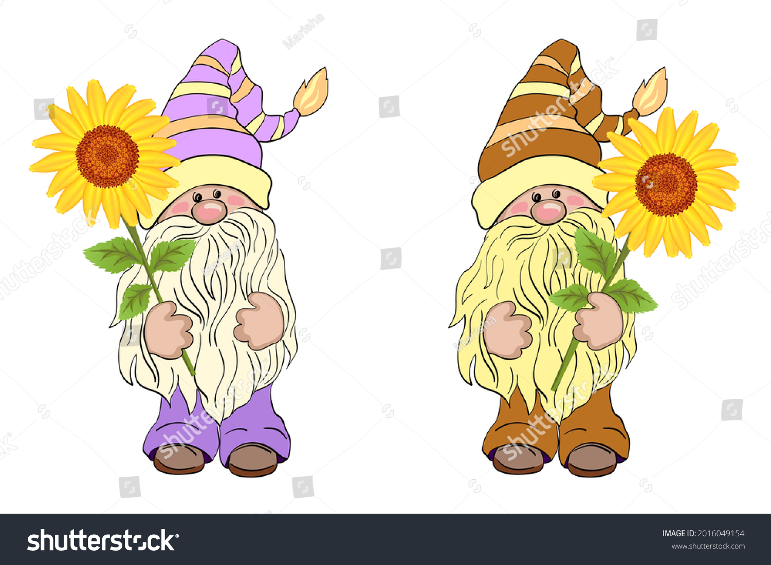 Set Gnomes Sunflowers Two Little Summer Stock Vector (Royalty Free ...