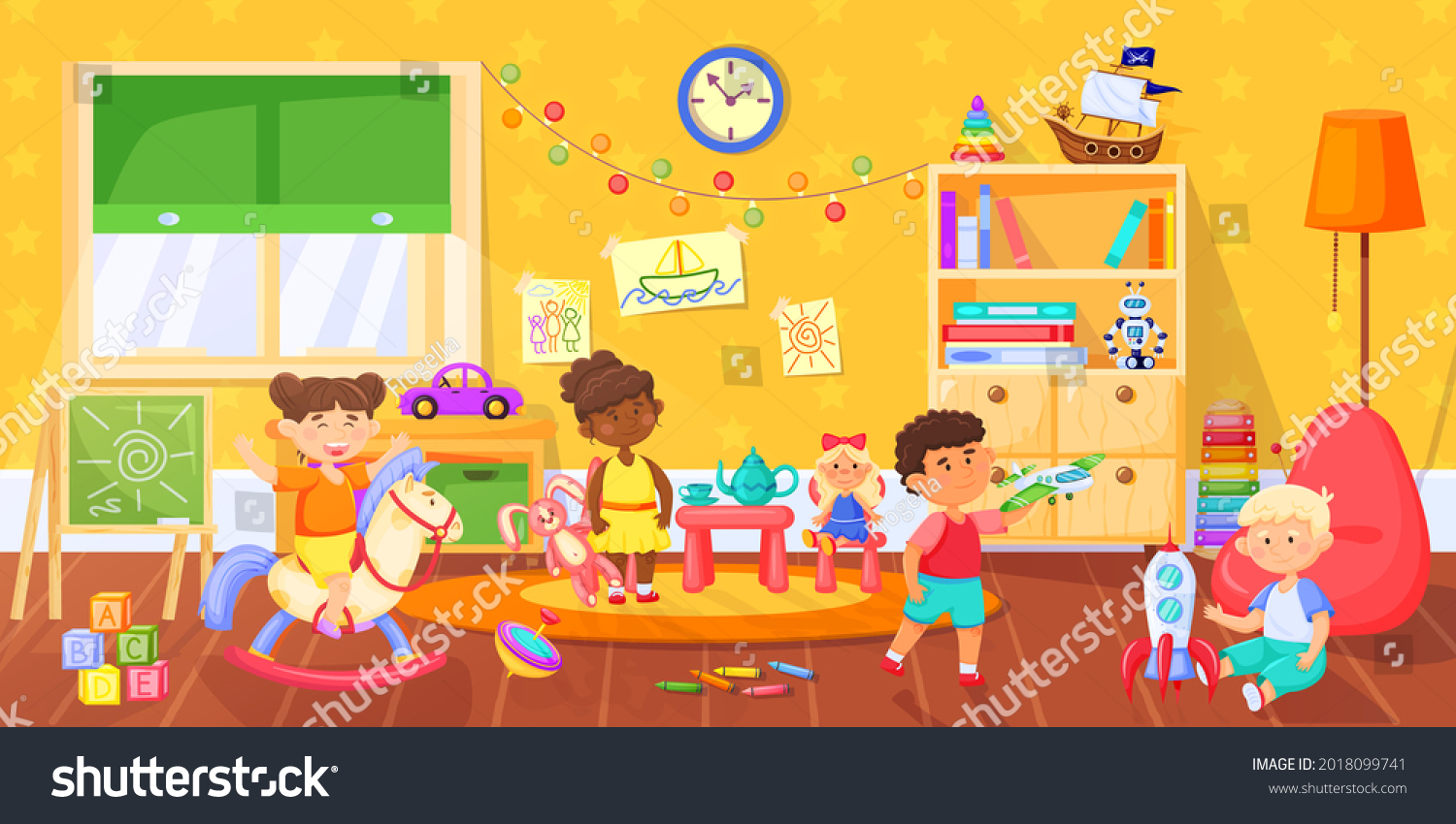 Kids Playroom Happy Children Playing Toys Stock Illustration 2018099741 ...