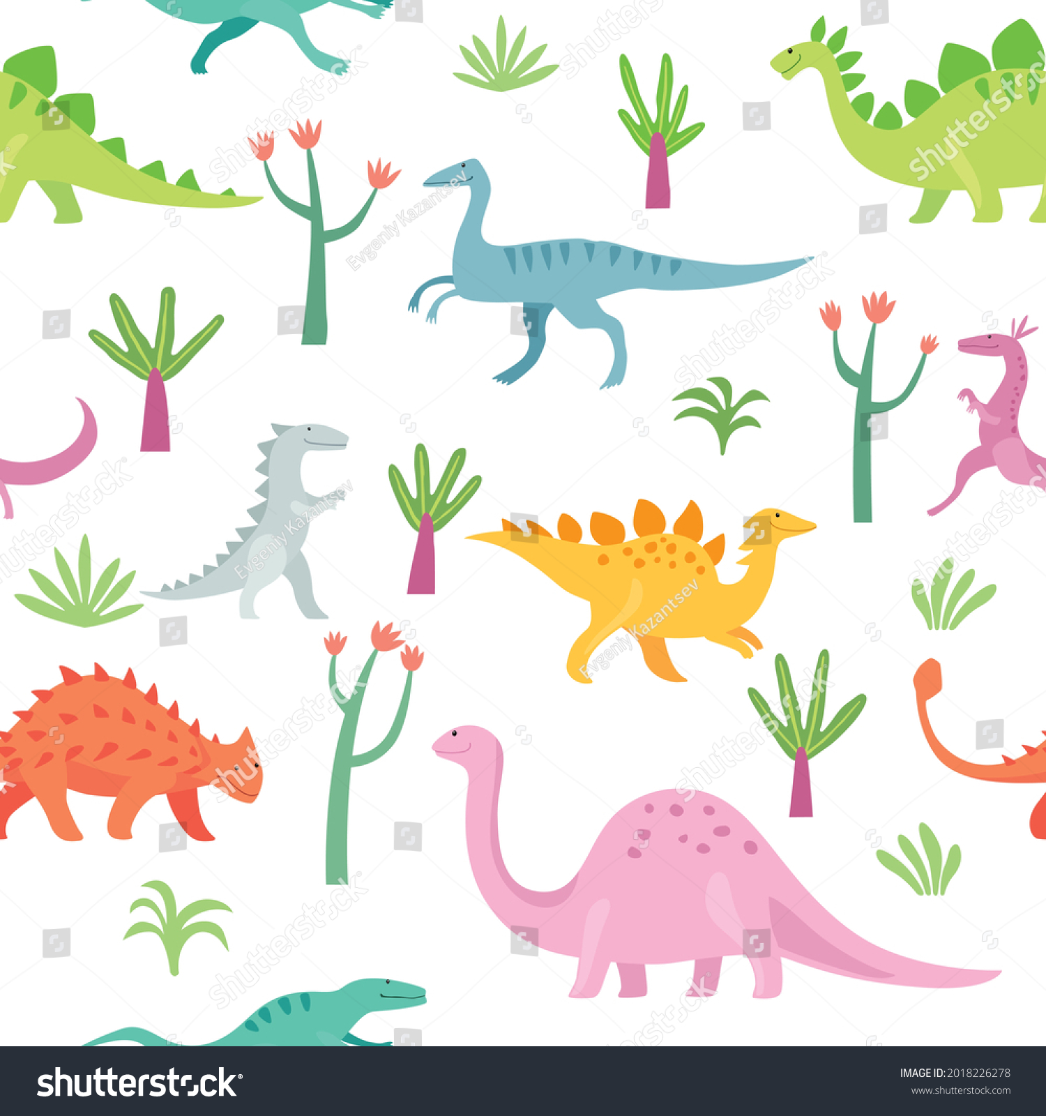 Various Cute Cartoon Dinosaurs Vegetation Seamless Stock Vector ...