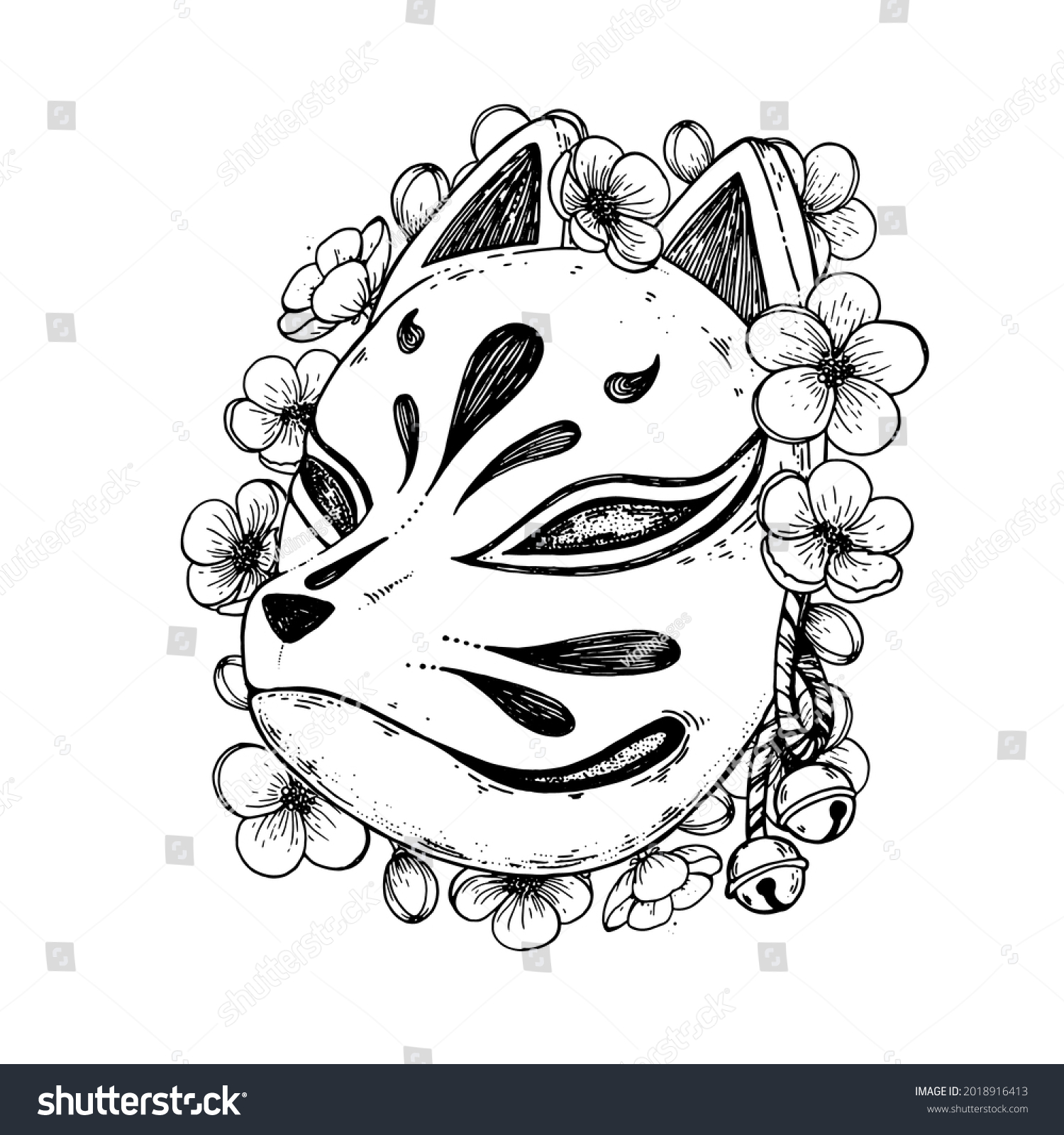 Kitsune Mask Sakura Flower Hand Drawn Stock Vector (Royalty Free ...