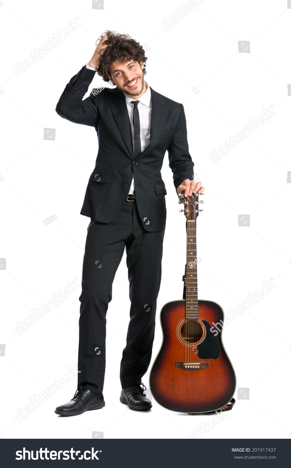 Portrait Happy Man Standing Guitar Isolated Stock Photo 201917437 ...