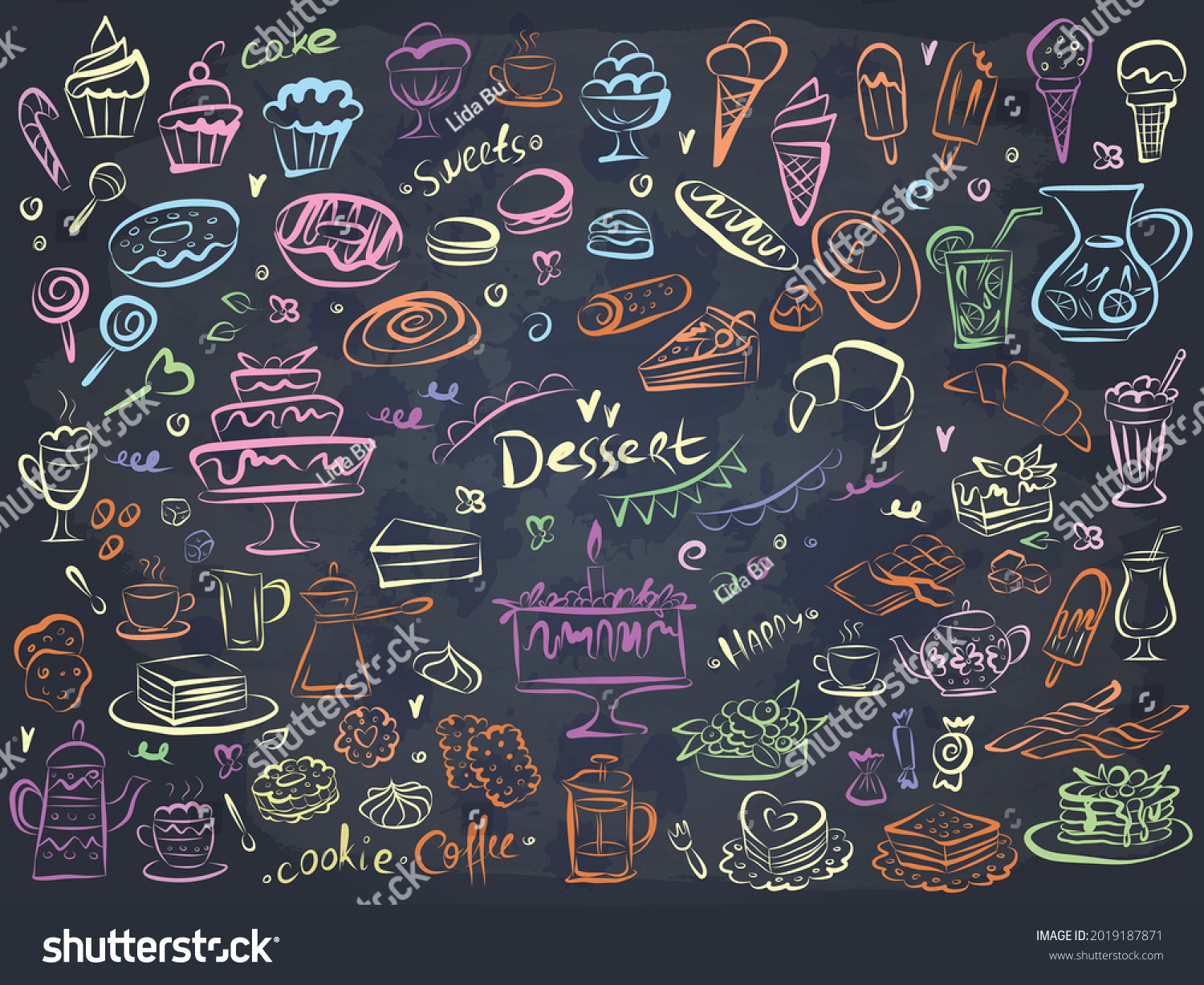 Set Hand Drawn Delicious Sweets Food Stock Vector (Royalty Free ...