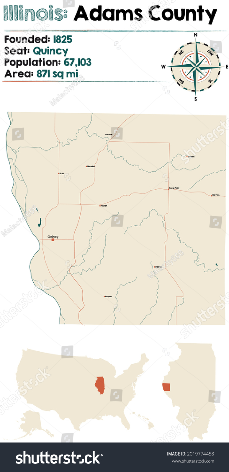 Large Detailed Map Adams County Illinois Stock Vector (Royalty Free ...