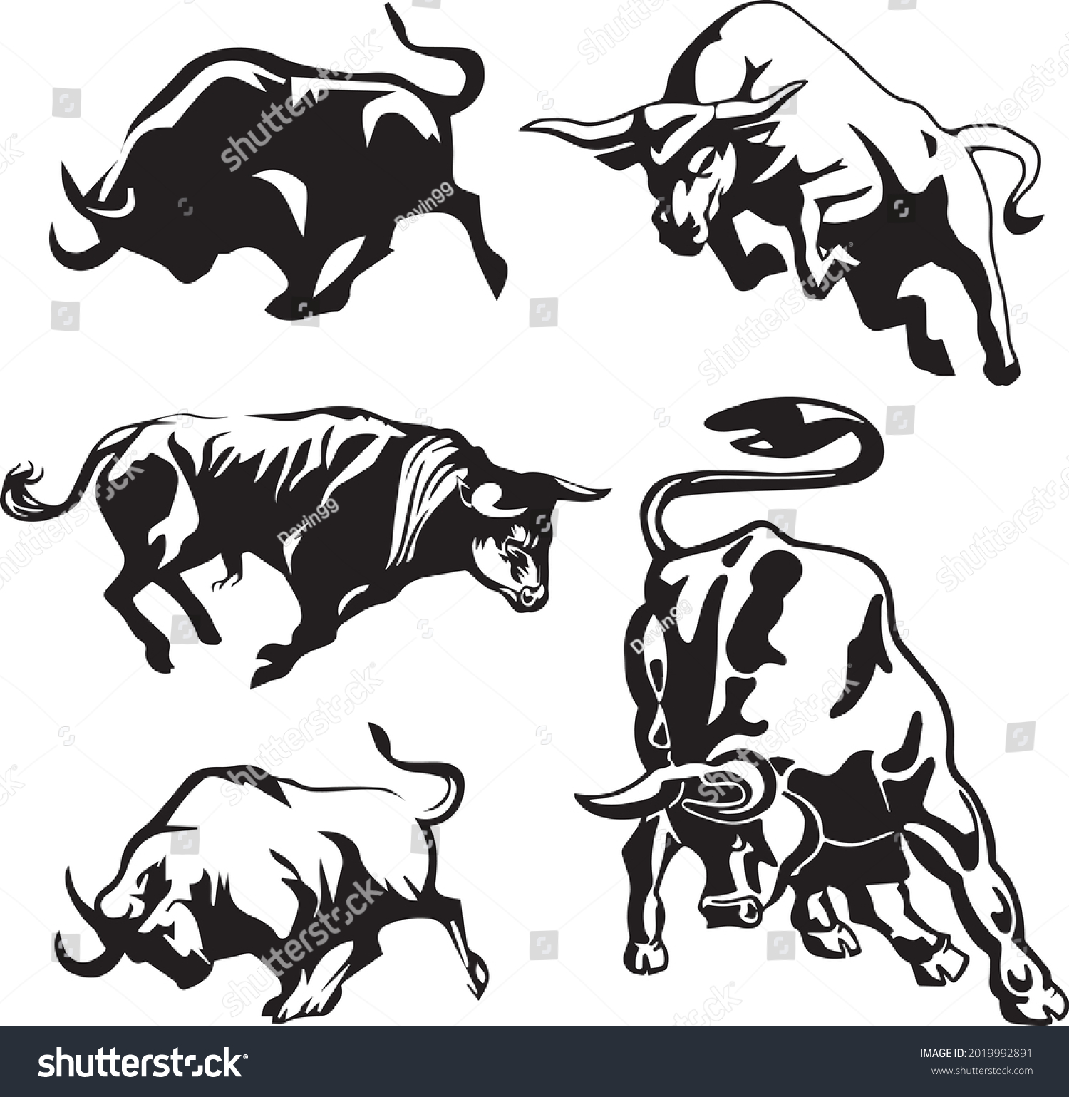 Set Bulls Stylized Silhouettes Standing Different Stock Vector (Royalty ...