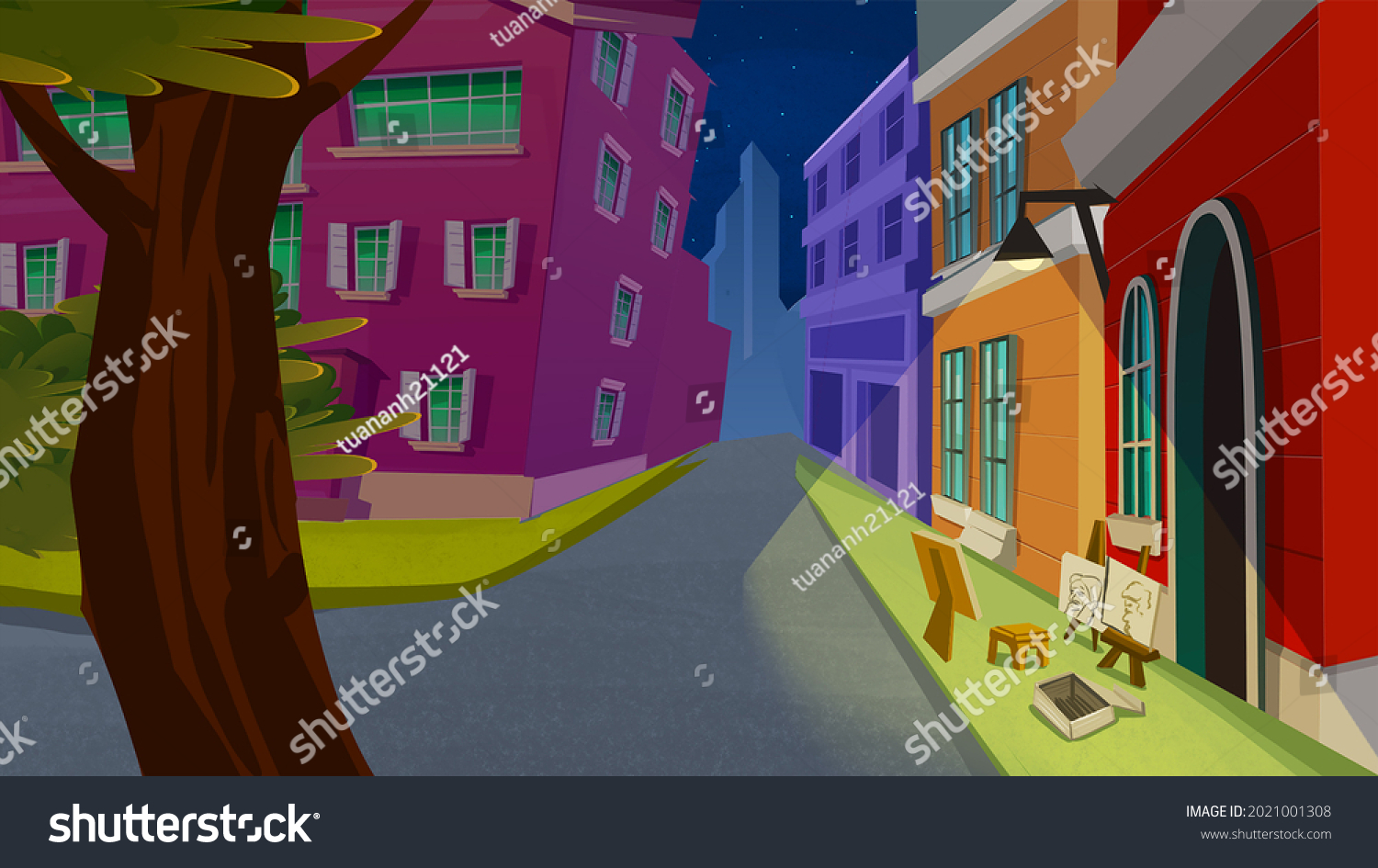 Small Neighborhood Night Street Lights Someones Stock Illustration ...