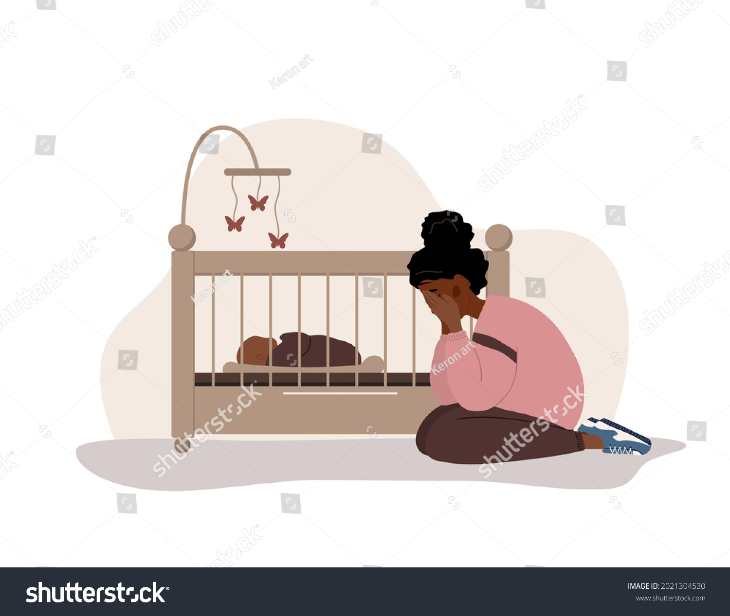 Postpartum Depression African Tired Woman Sitting Stock Vector Royalty