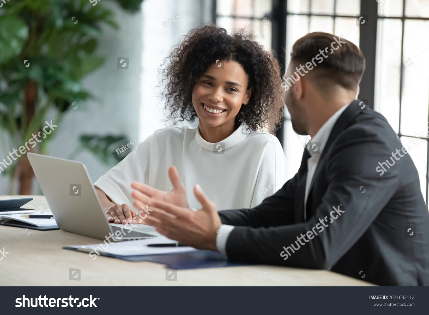 Smiling Diverse Employees Colleagues Have Fun Stock Photo 2021632112 ...