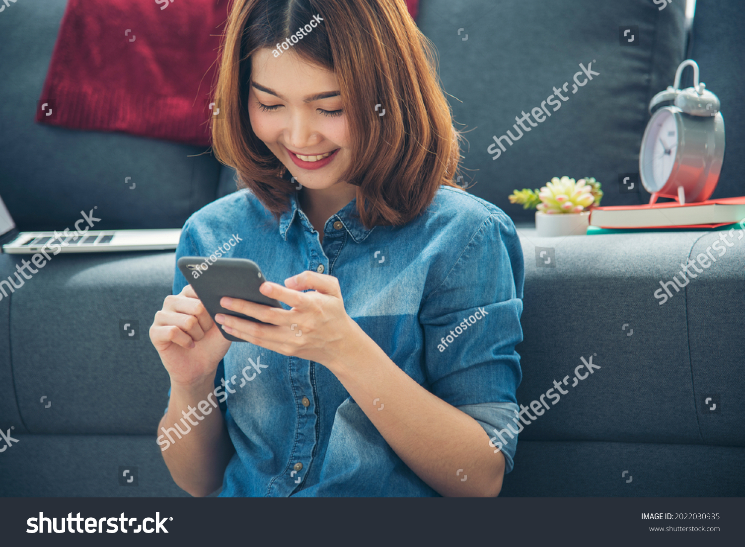 Smiling Face Asian Woman Holding Smartphone Stock Photo 2022030935 ...