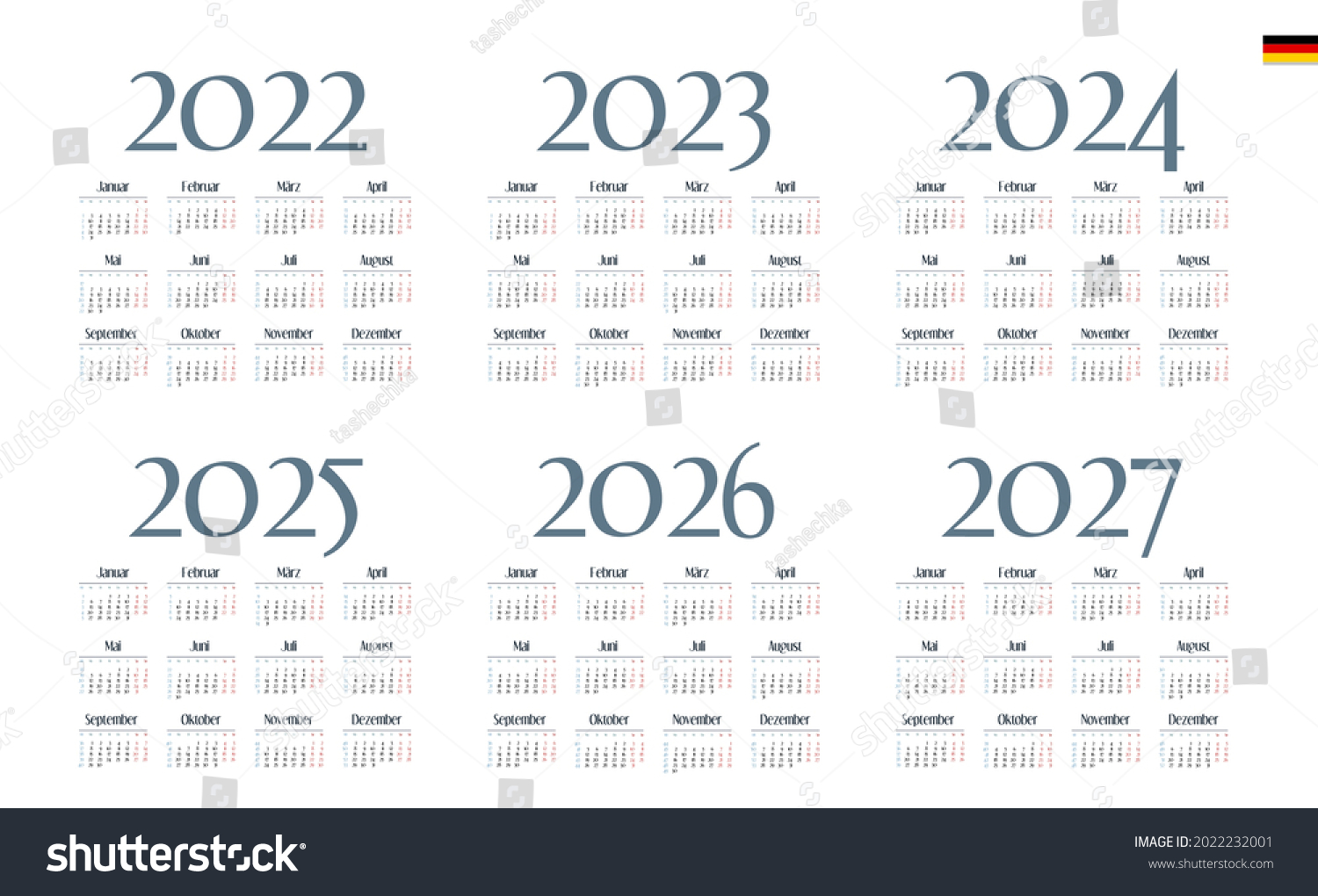 German Calendar 2022 2023 2024 2025 Stock Vector (Royalty Free ...