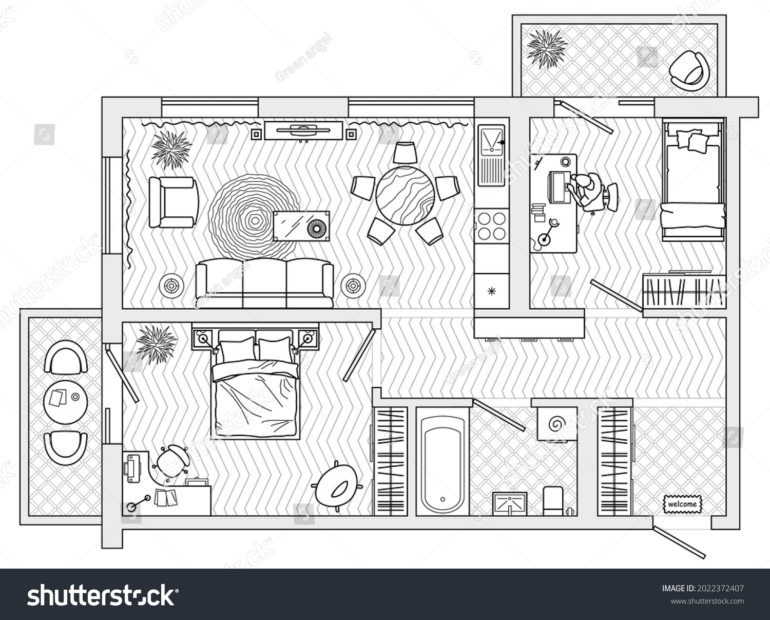 Apartment Plan Furniture Top View Layout Stock Vector (Royalty Free ...