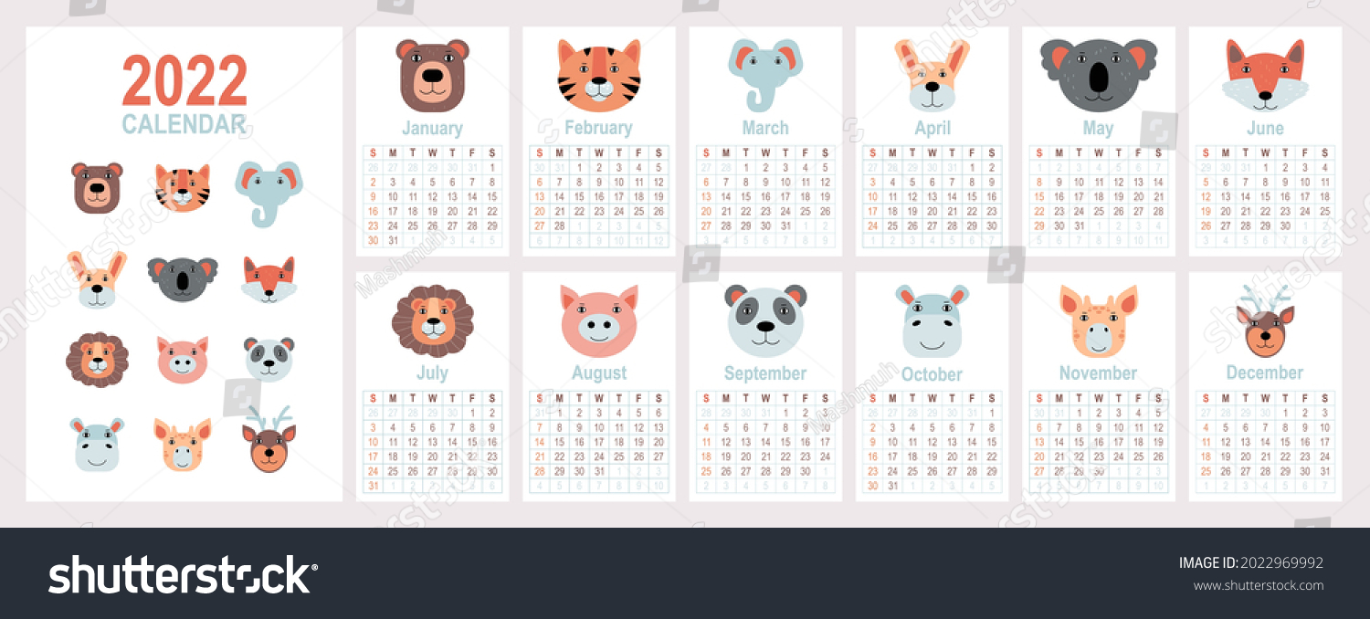 Calendar 2022 Cute Animals Vector Illustration Stock Vector (Royalty ...