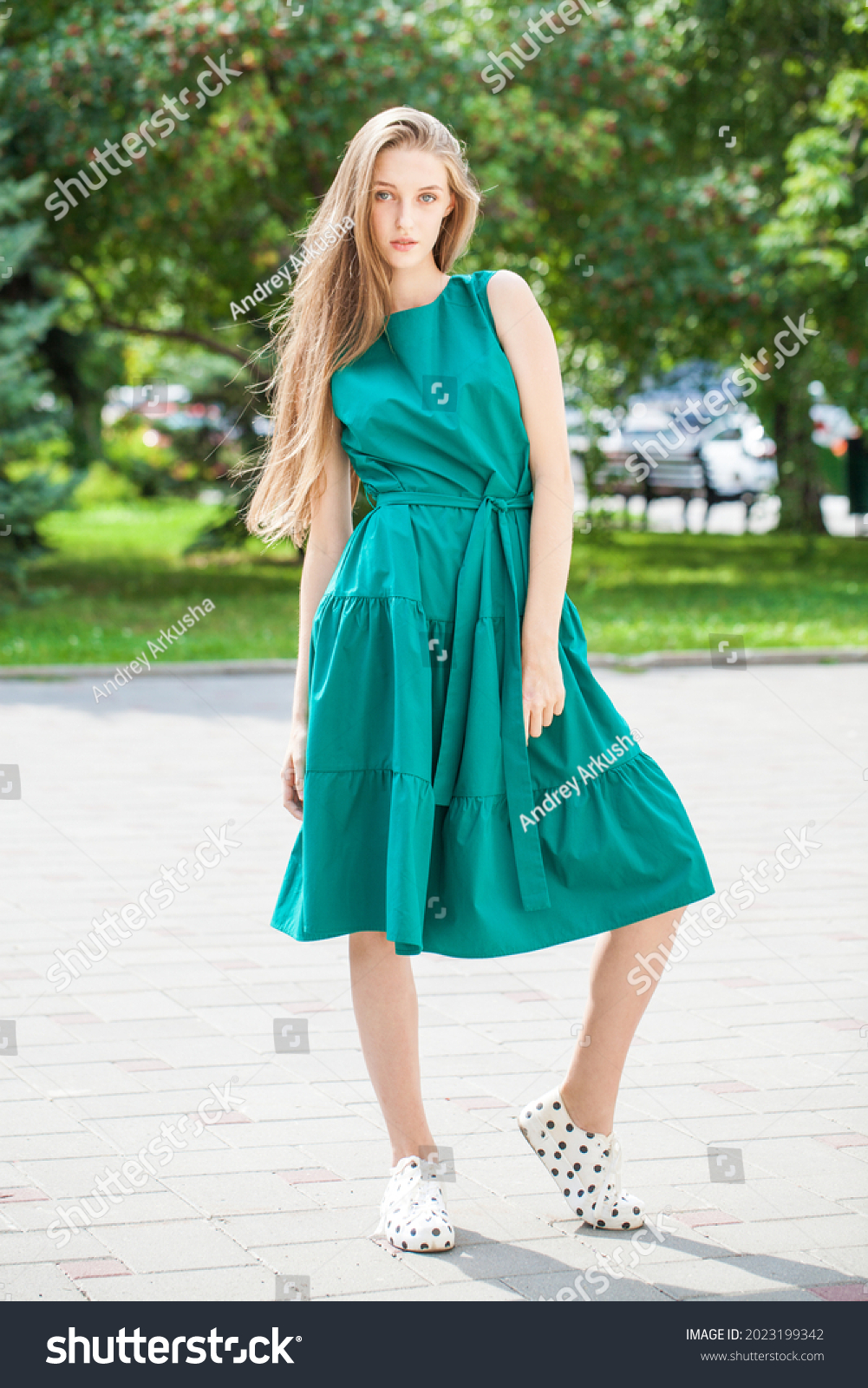 Fulllength Portrait Young Girl Green Dress Stock Photo 2023192316