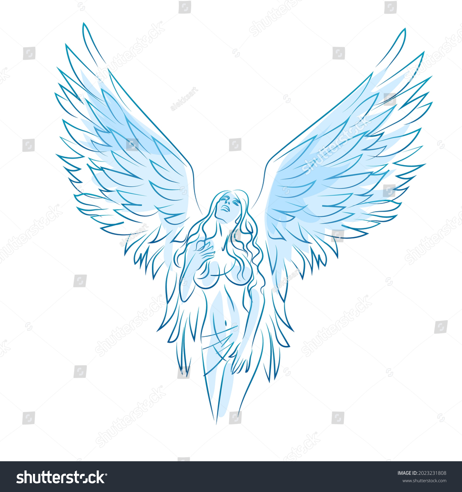 Female Figure Angel Wings Contour Drawing Stock Vector (royalty Free 