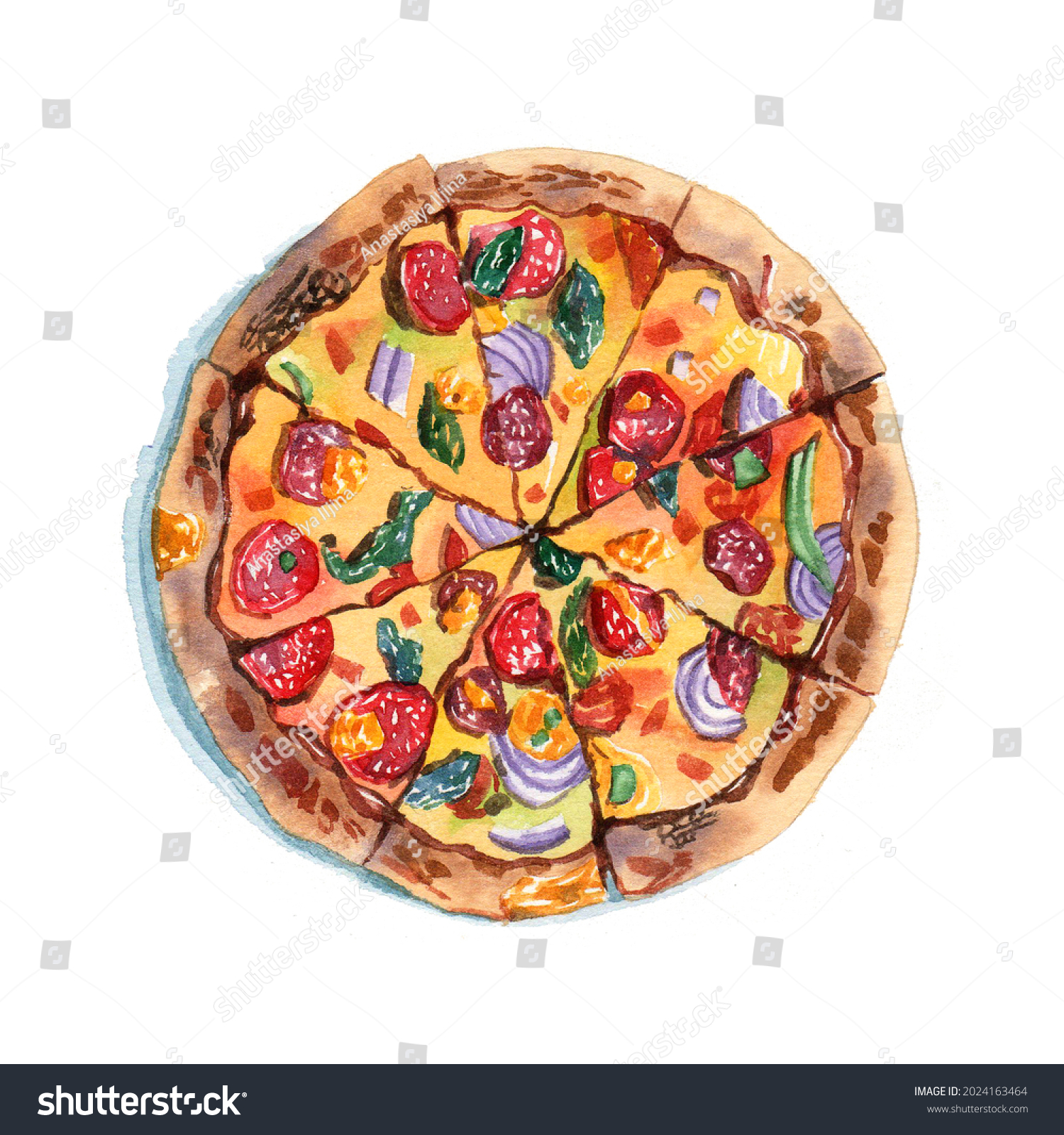 Watercolor Pizza Pepperoni Poster Cheese Sausages Stock Illustration ...