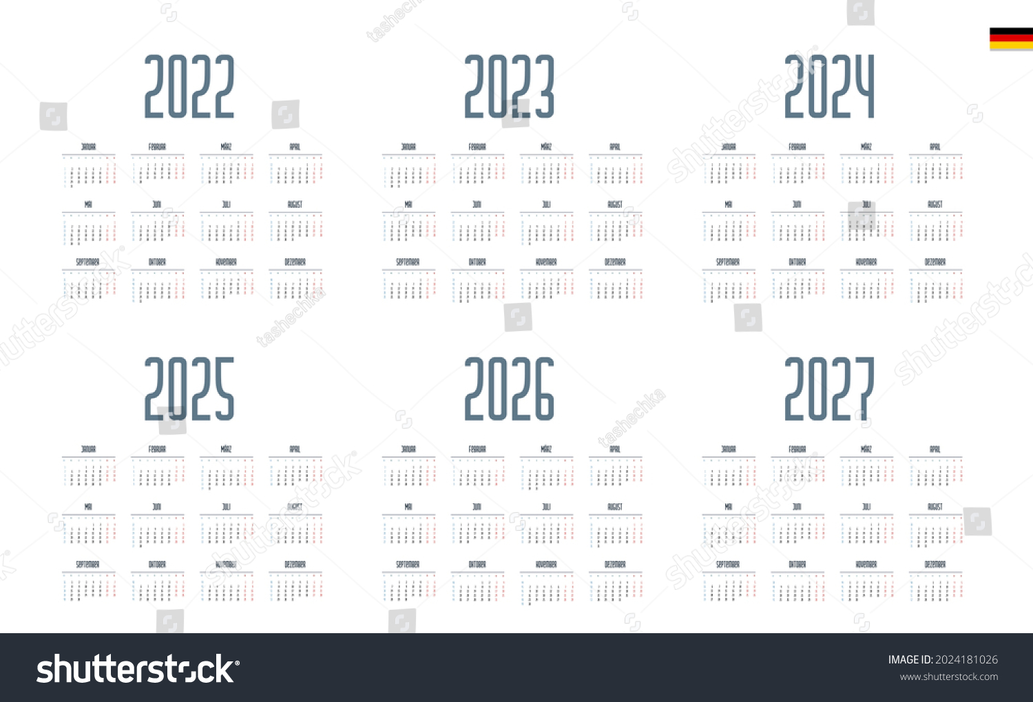 German Calendar 2022 2023 2024 2025 Stock Vector (Royalty Free ...