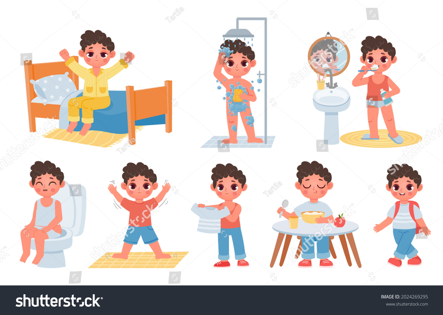 Child Morning Daily Routine Cute Cartoon Stock Vector (Royalty Free ...