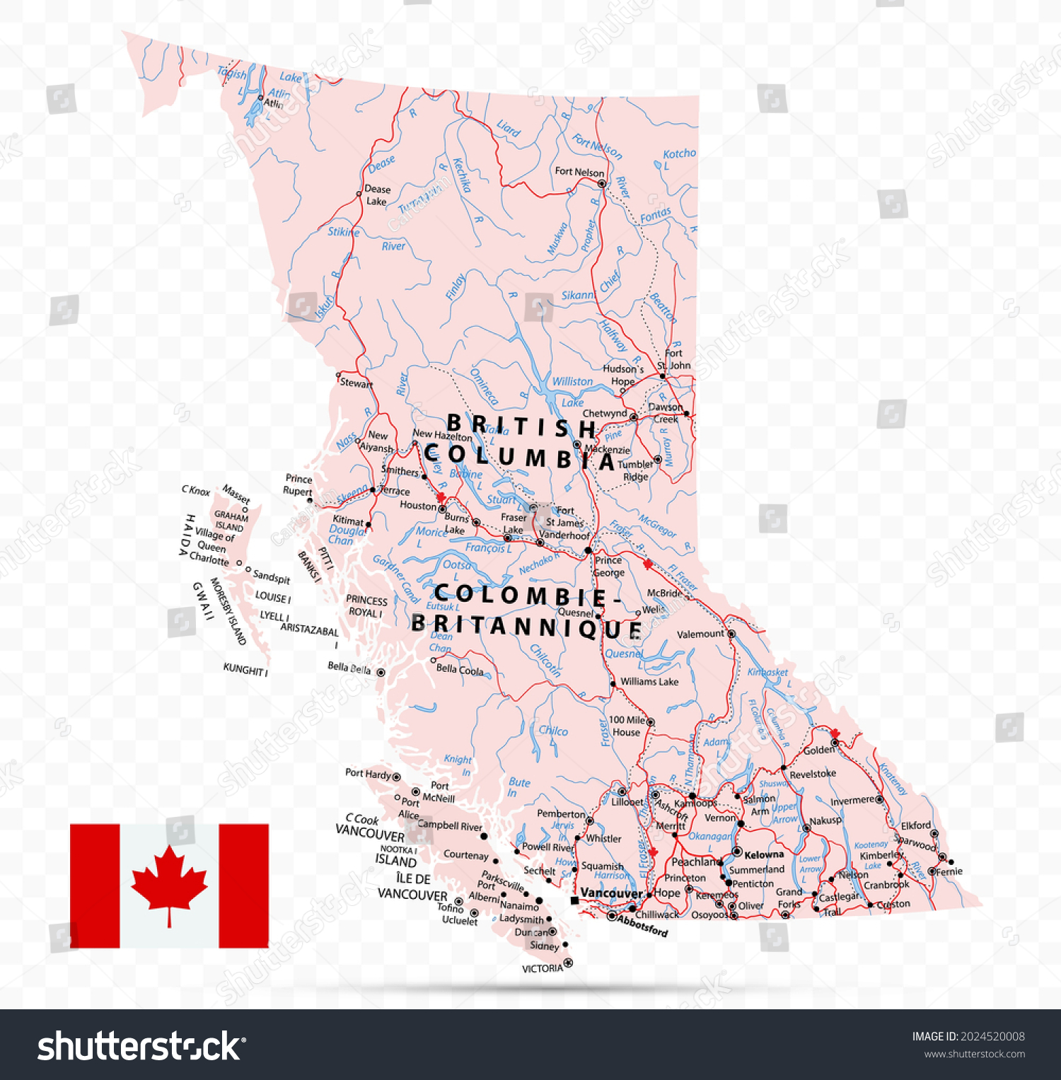 British Columbia Map Canada State Cities 2024520008   Stock Vector British Columbia Map Canada State With Cities And Towns 2024520008 