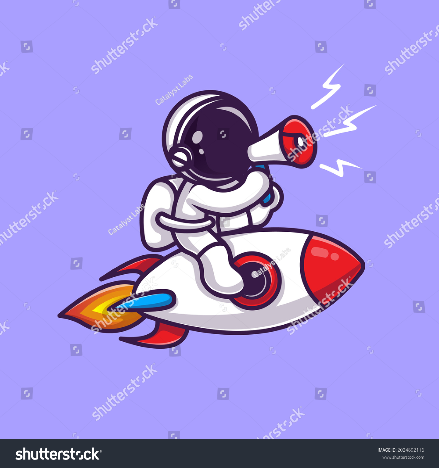 Astronaut Riding Rocket Megaphone Cartoon Vector: стоковая векторная график...