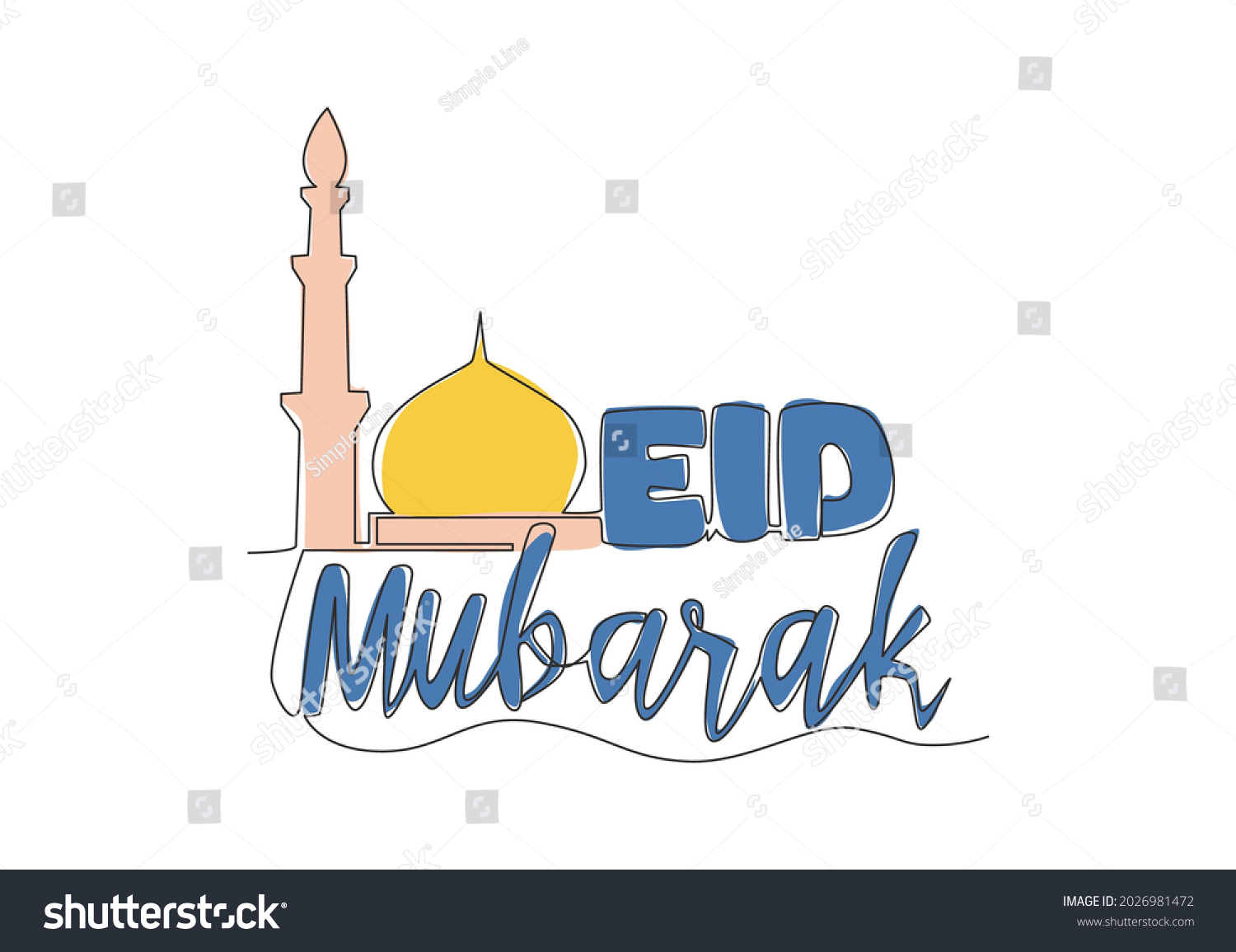 One Continuous Line Drawing Happy Eid Stock Vector (Royalty Free ...