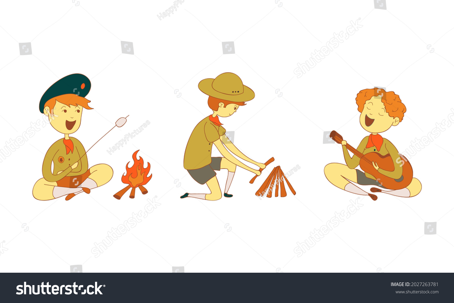 Cute Boy Junior Scout Making Fire Stock Vector (Royalty Free ...