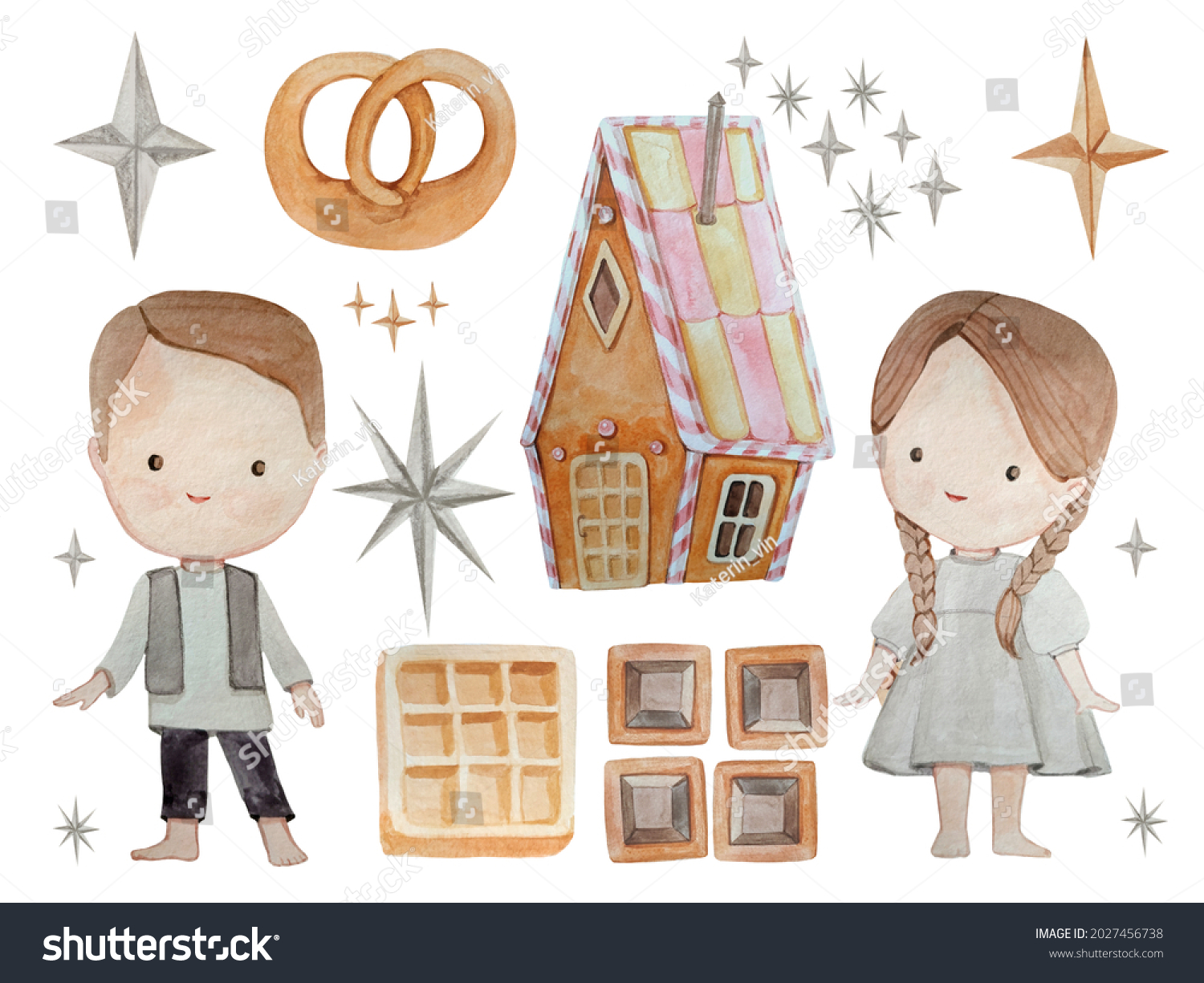 Watercolor Hansel Gretel Set On White Stock Illustration 2027456738