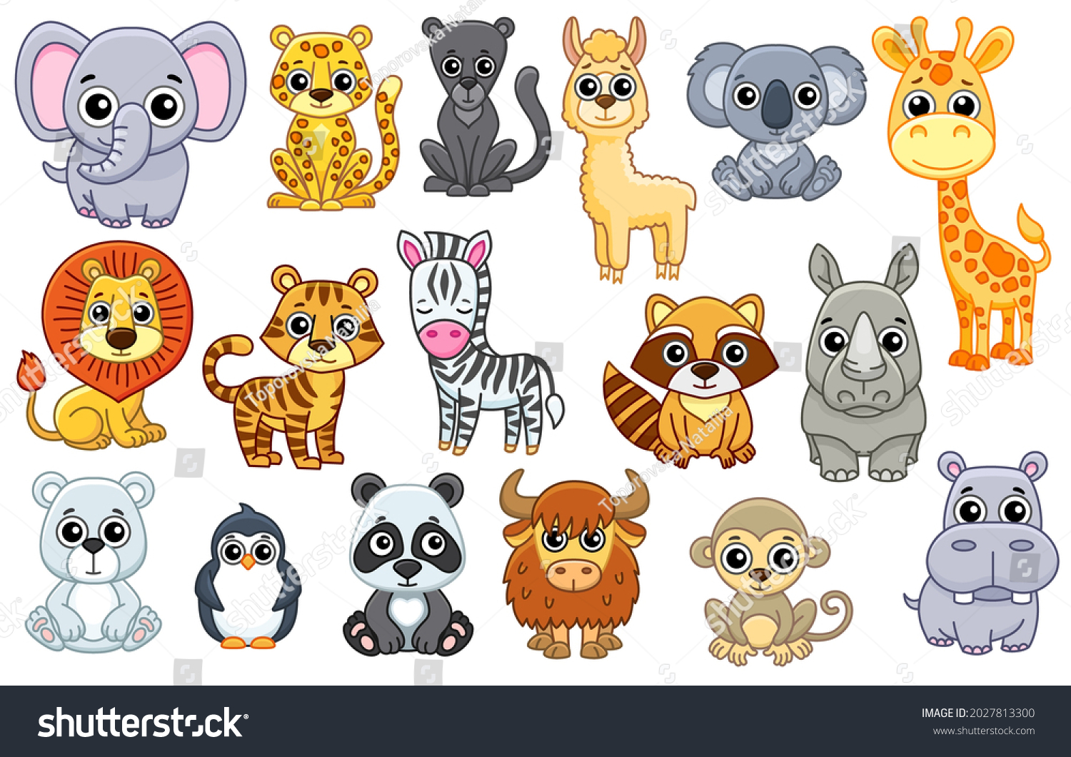 Set Cute Zoo Animals Cartoon Style Stock Vector (Royalty Free ...