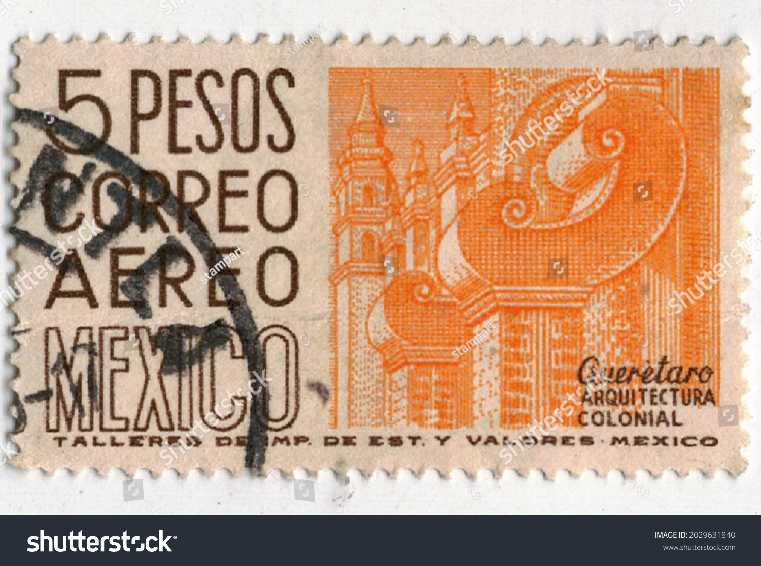 1952 Mexico Postage Stamp 5 Pesos Stock Photo 2029631840 Shutterstock   Stock Photo  Mexico Postage Stamp Pesos Queretaro Architecture Colonial Airmail 2029631840 