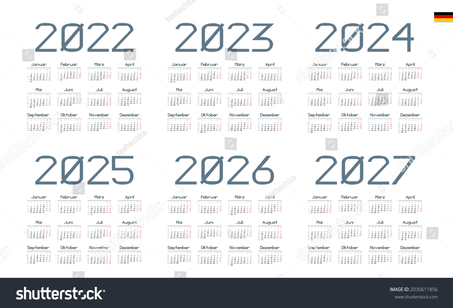 Vektor Stok German Calendar 2022 2023 2024 2025 (Tanpa Royalti