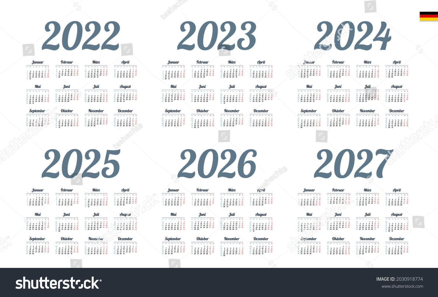 German Calendar 2022 2023 2024 2025 库存矢量图（免版税）2030918774 Shutterstock