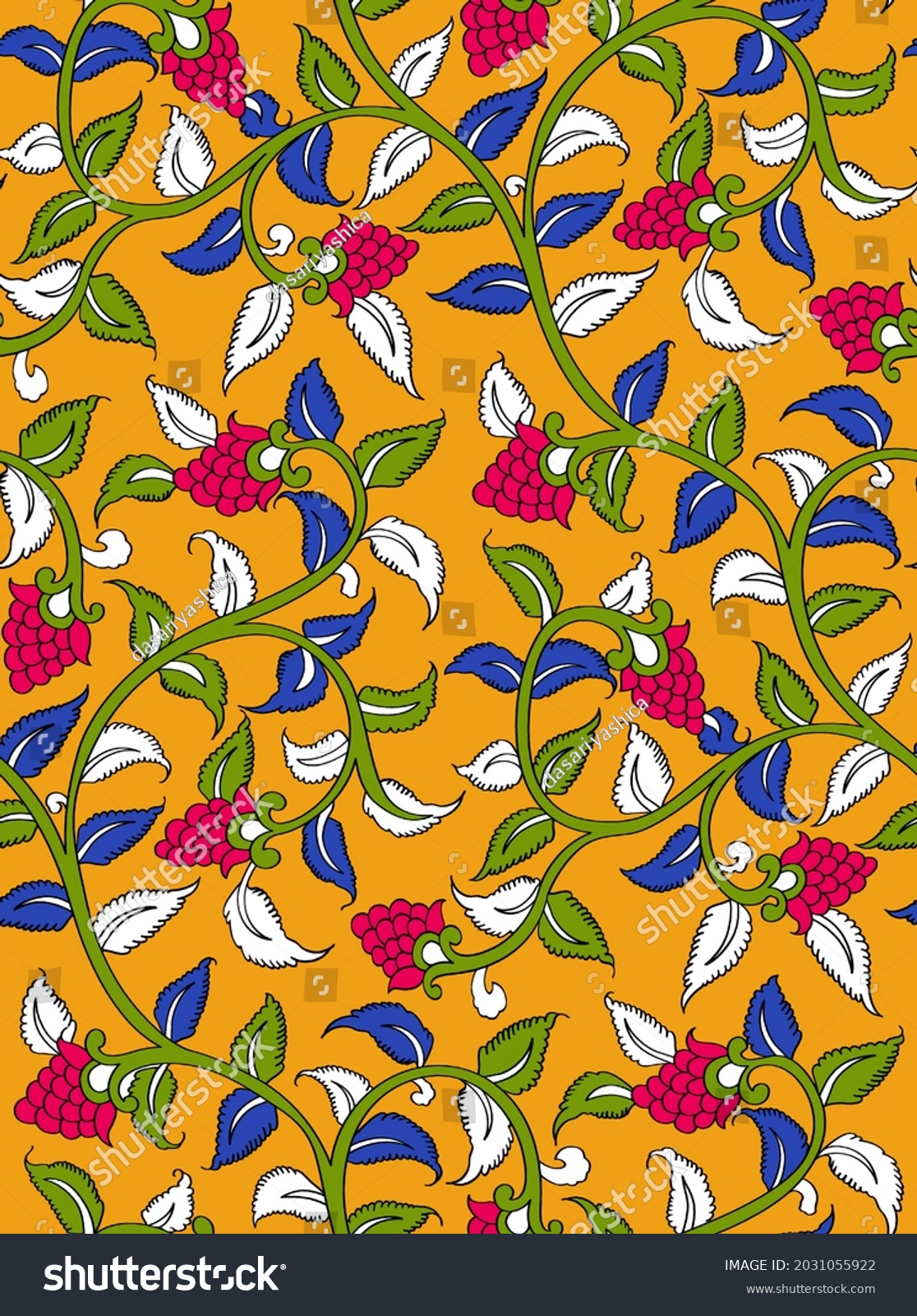 Kalamkari Seamless Strawberry Creeper Leaves Stock Illustration ...